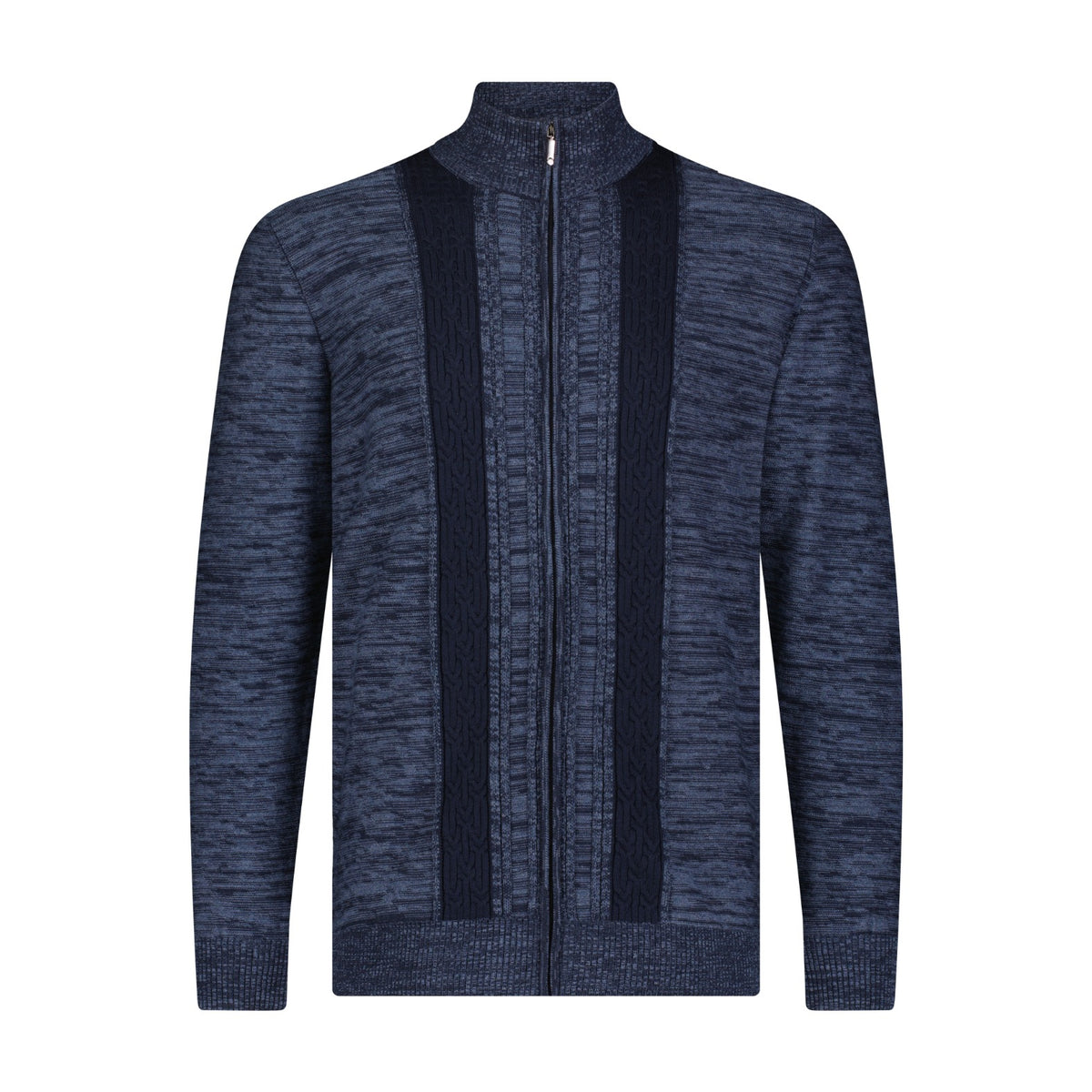 Navy Jacquard Vertical Stripe Full Zip Sweater