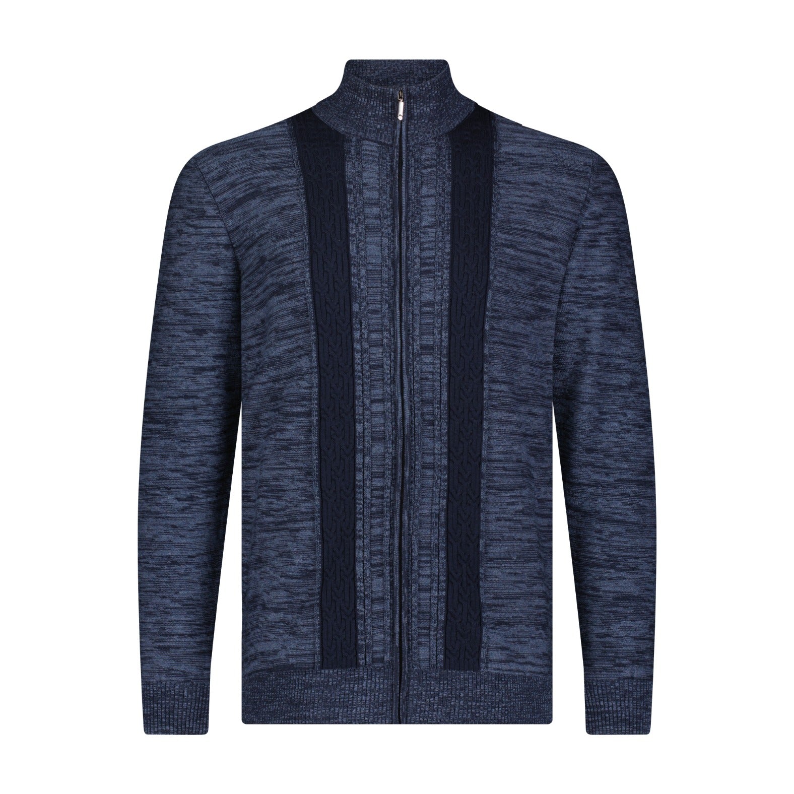 Navy Jacquard Vertical Stripe Full Zip Sweater