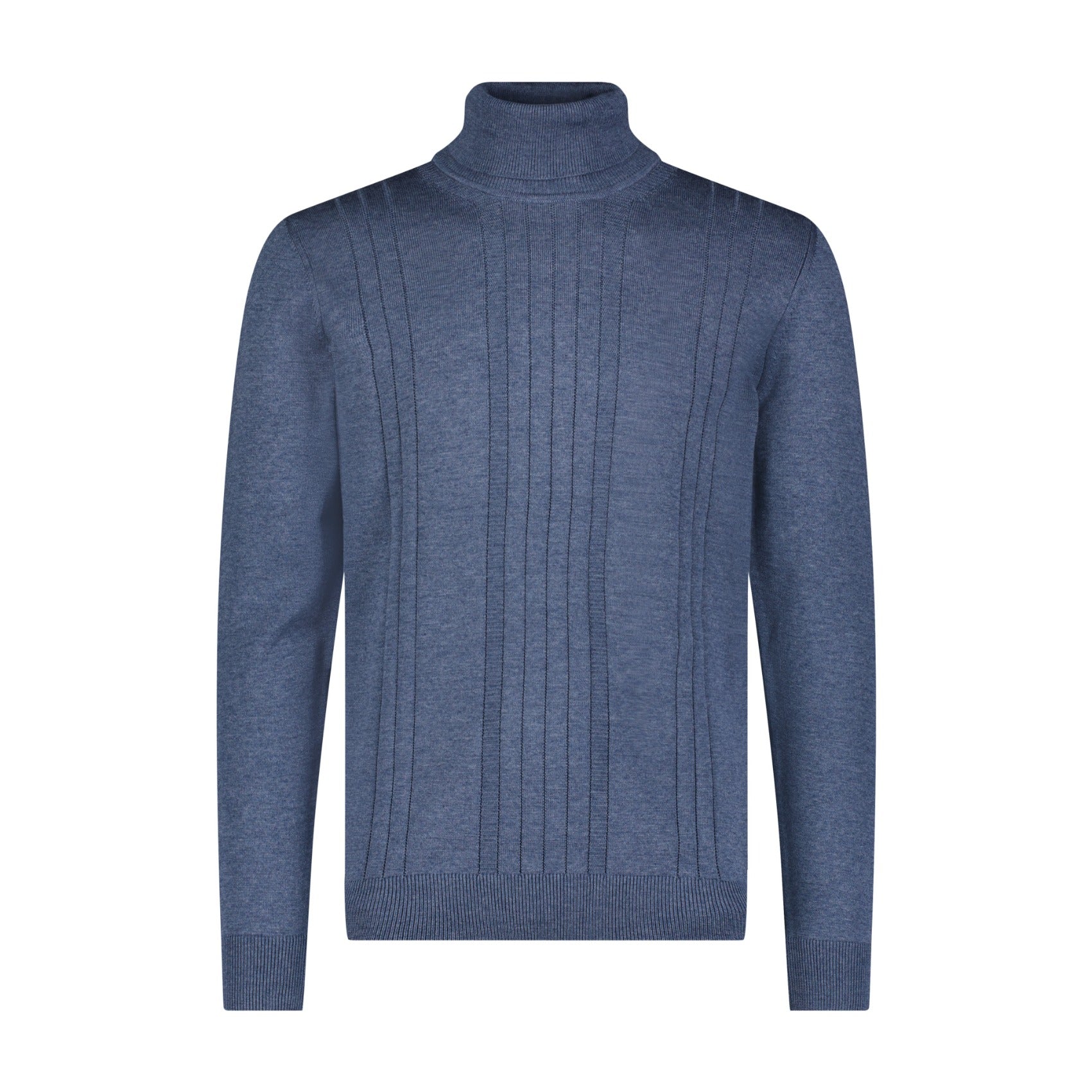Blue sweater with a ribbed texture on a white background