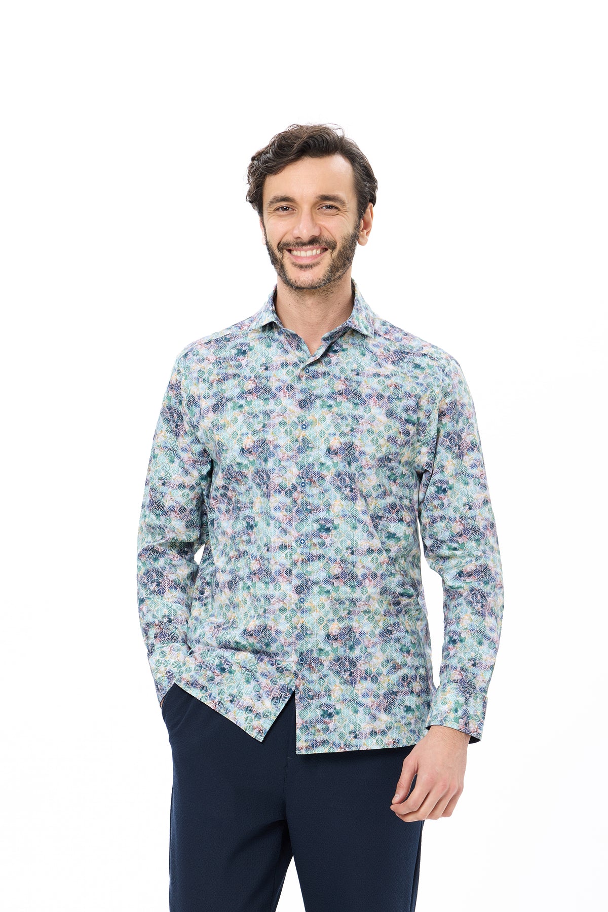 multicolor Leaf Print Button-Down Shirt
