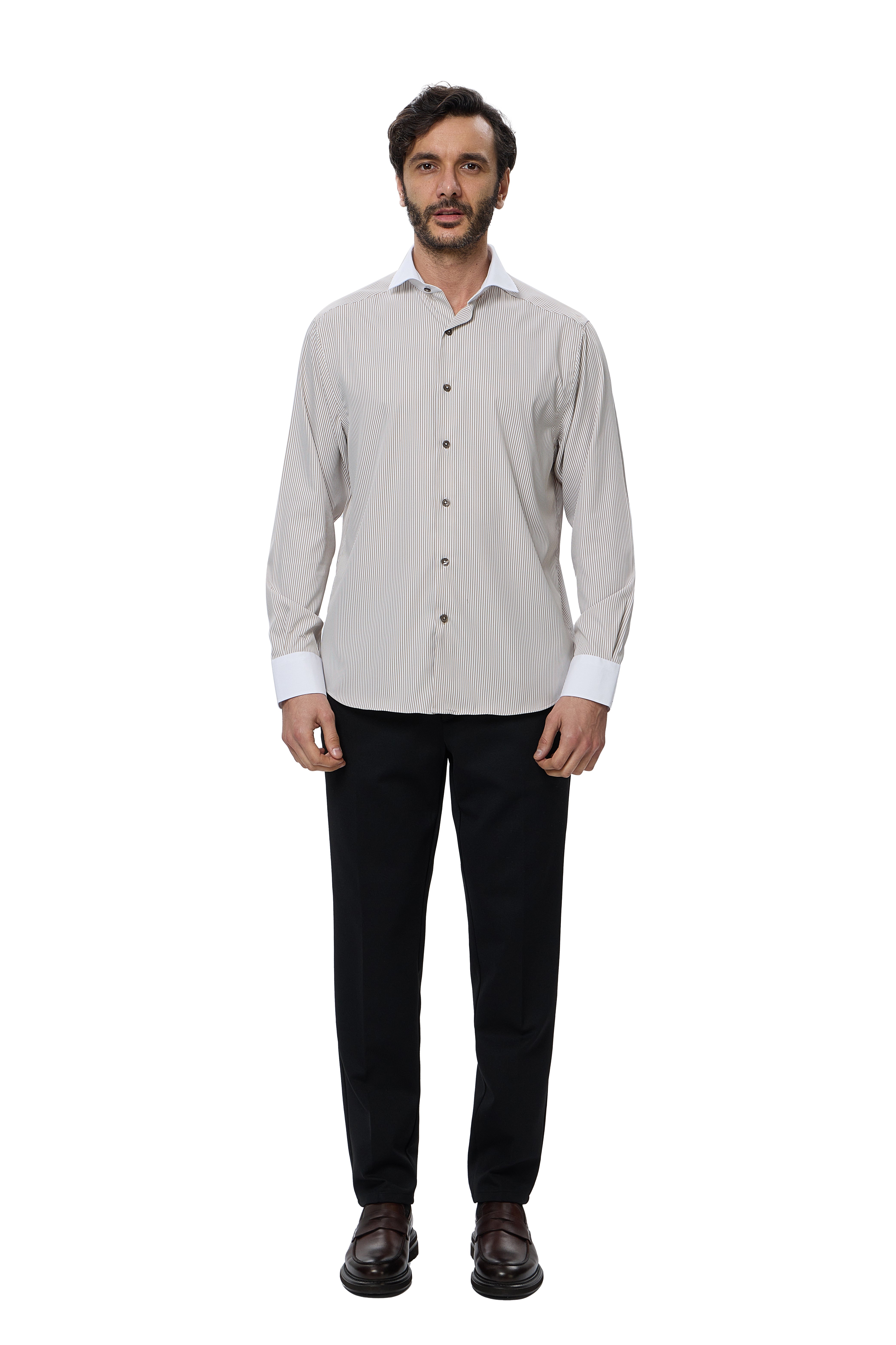 Taupe & White Awning Stripe Button Down Shirt