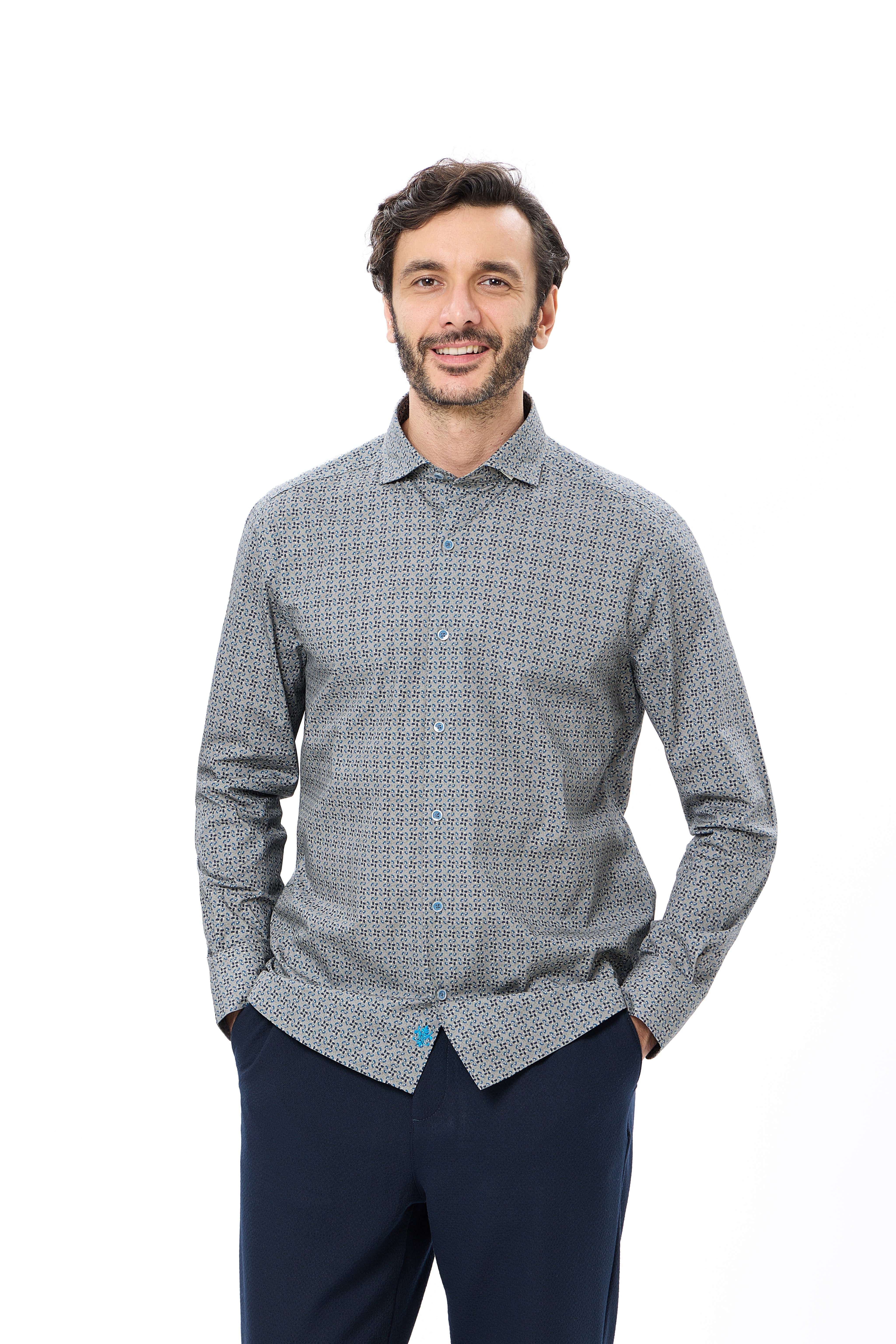 Navy, Grey & Blue Geo Print Button Down Shirt