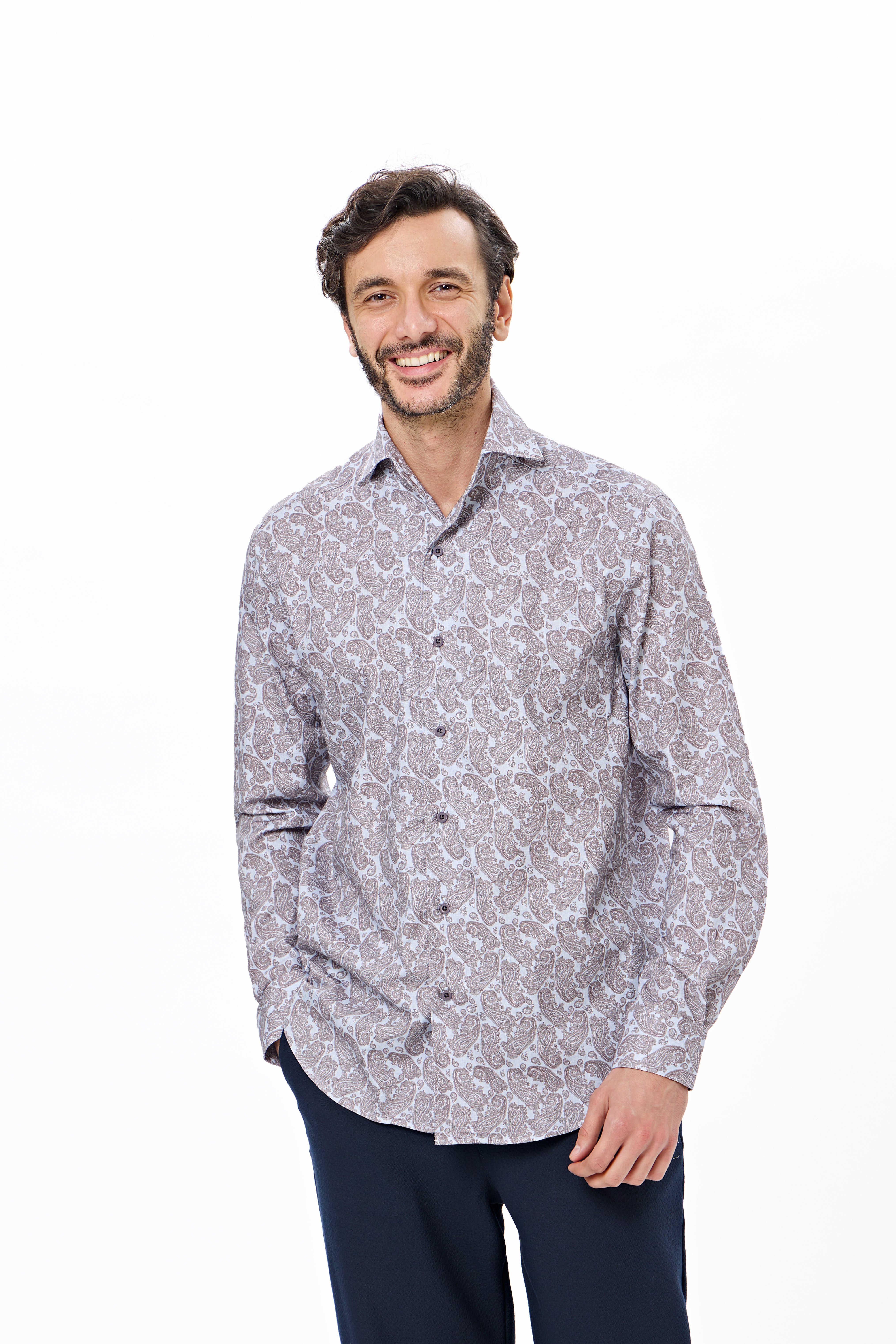 Tan Paisley Twill Herringbone One-Piece Collar Shirt