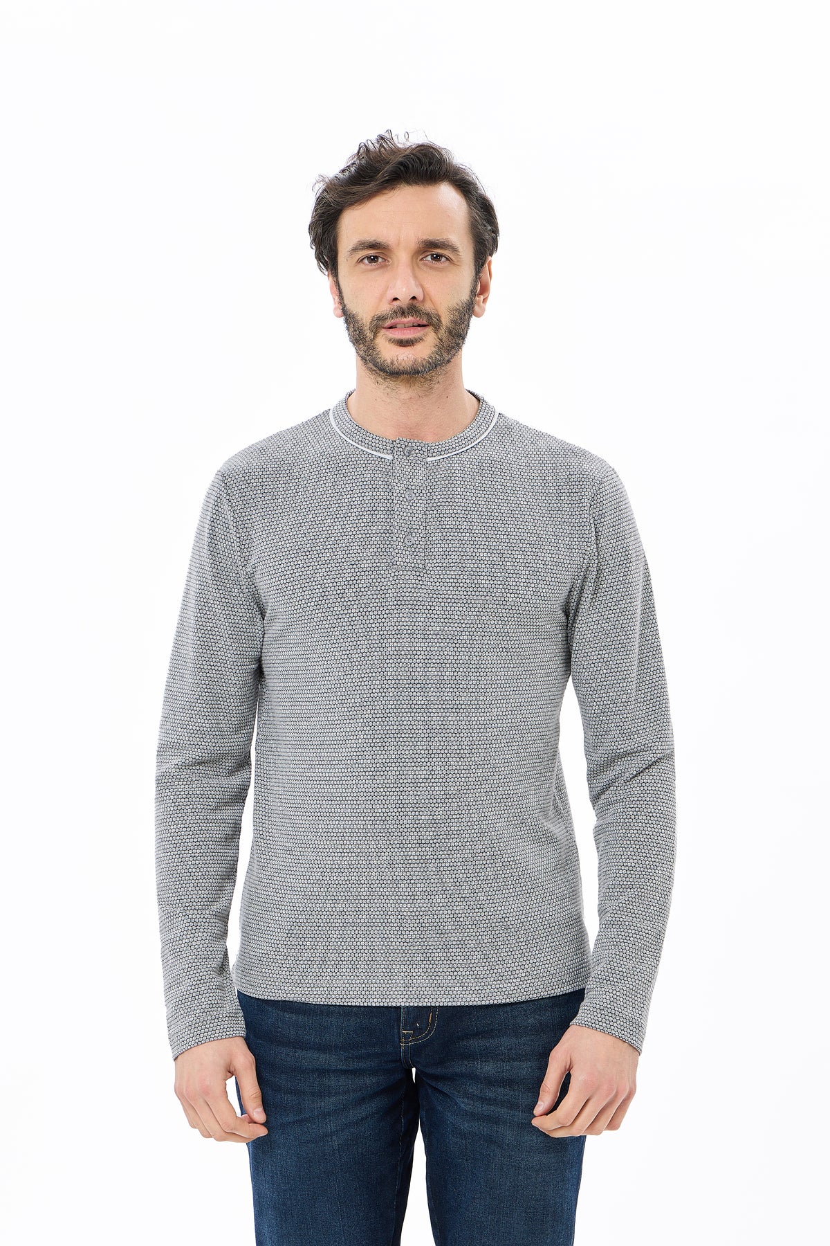 Navy Henley Jacquard Long Sleeve