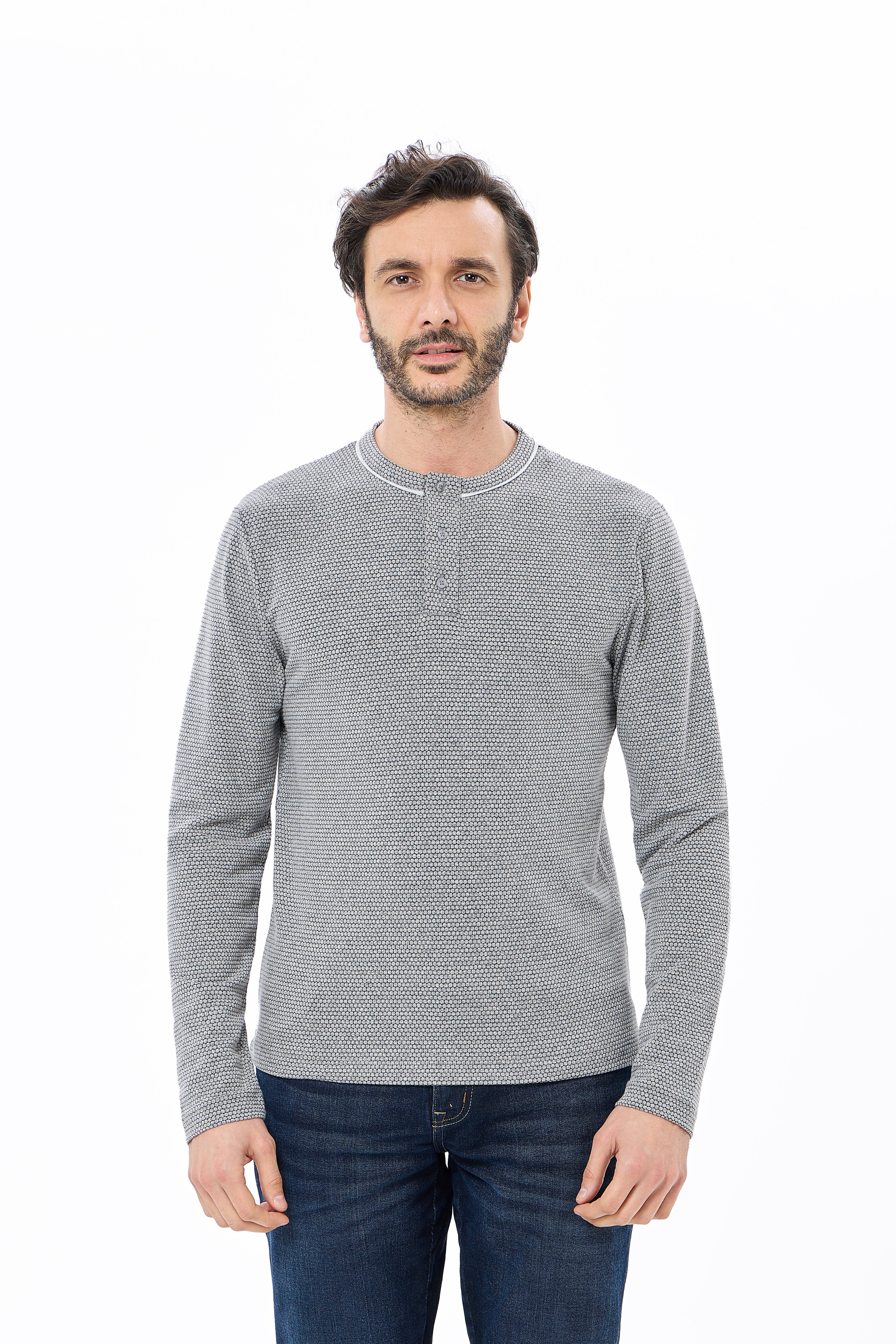 Navy Henley Jacquard Long Sleeve