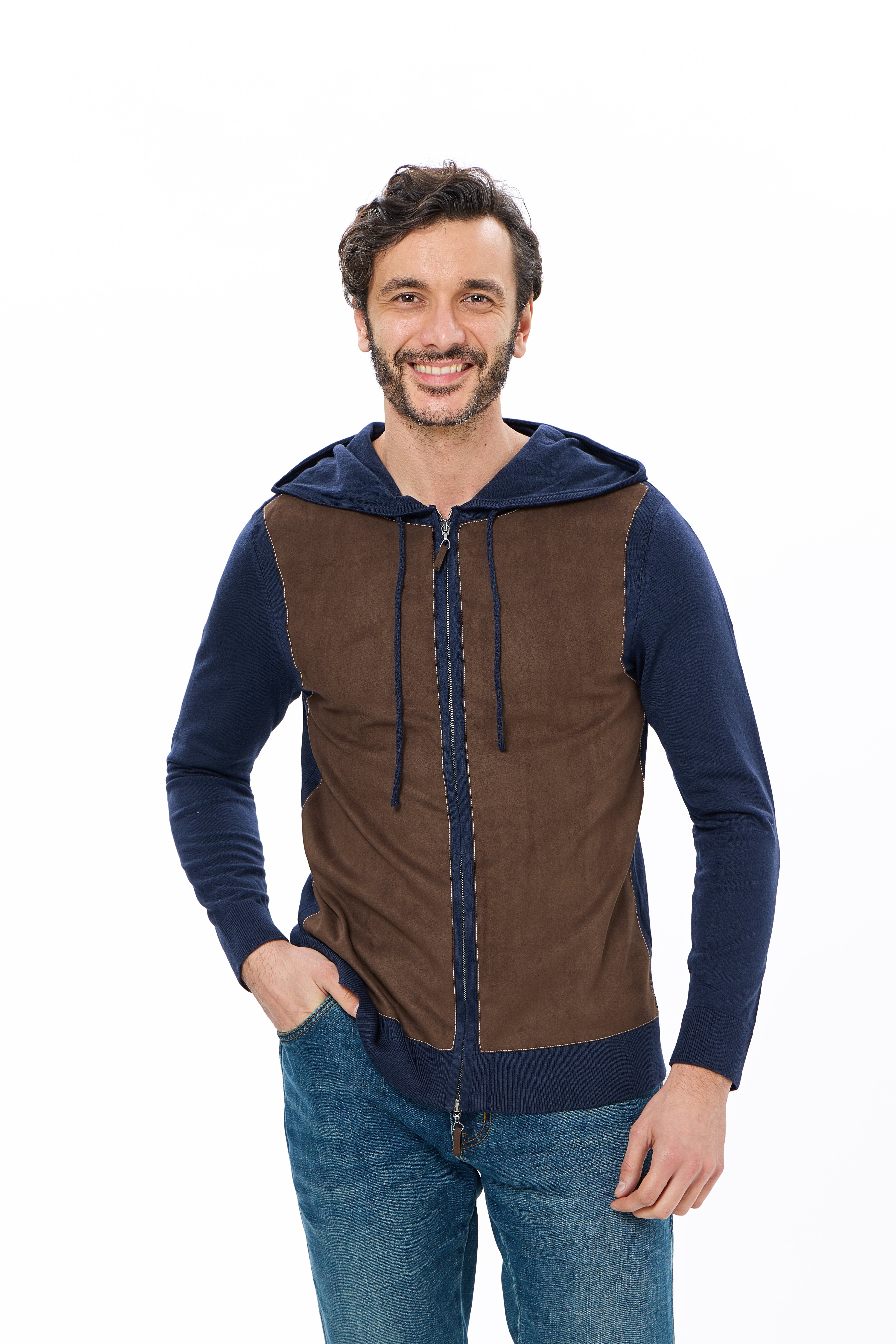 Faux Suede Stretch Hoodie Jacket in Chocolate Brown