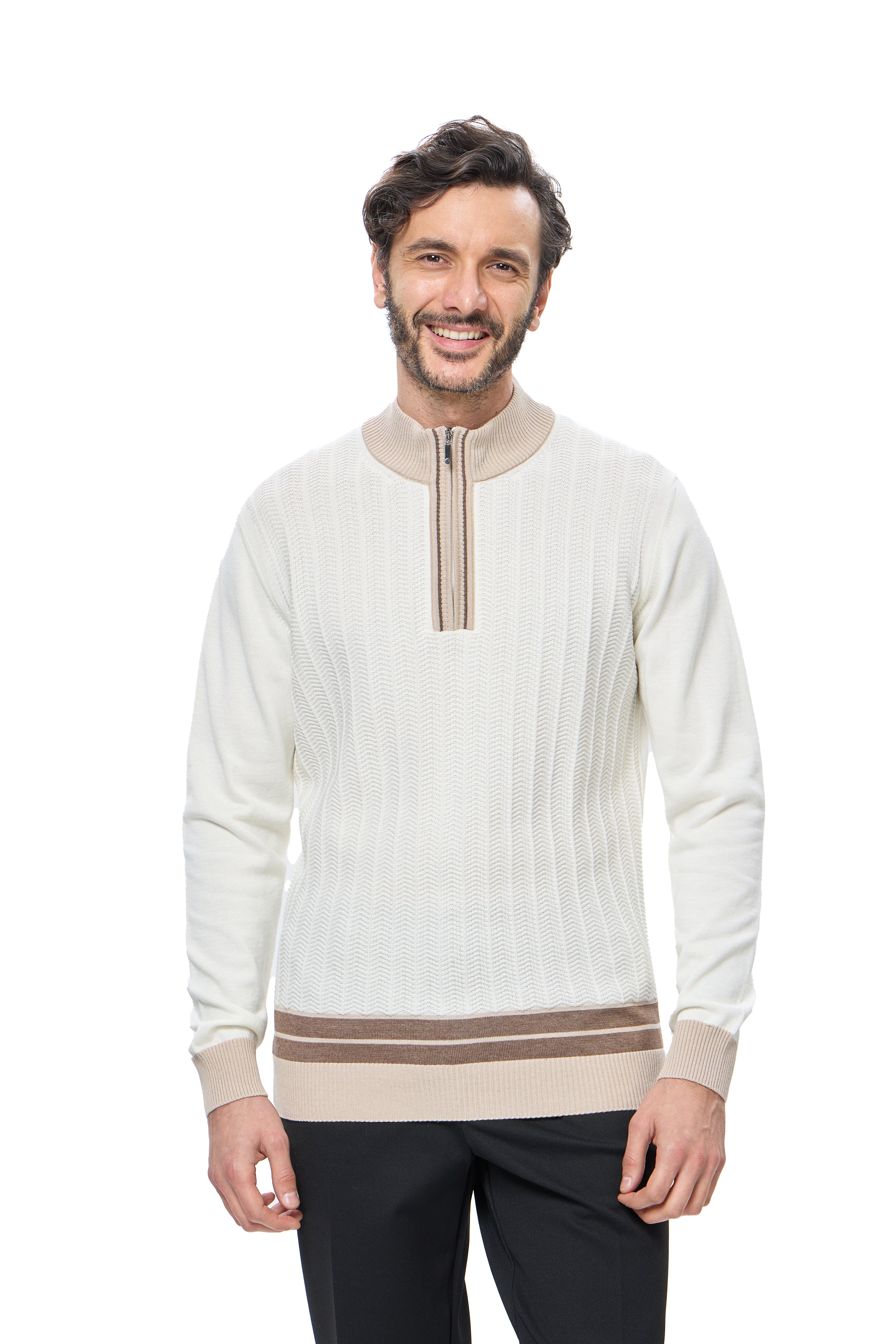 Ecru Quarter Zip Chevron Sweater