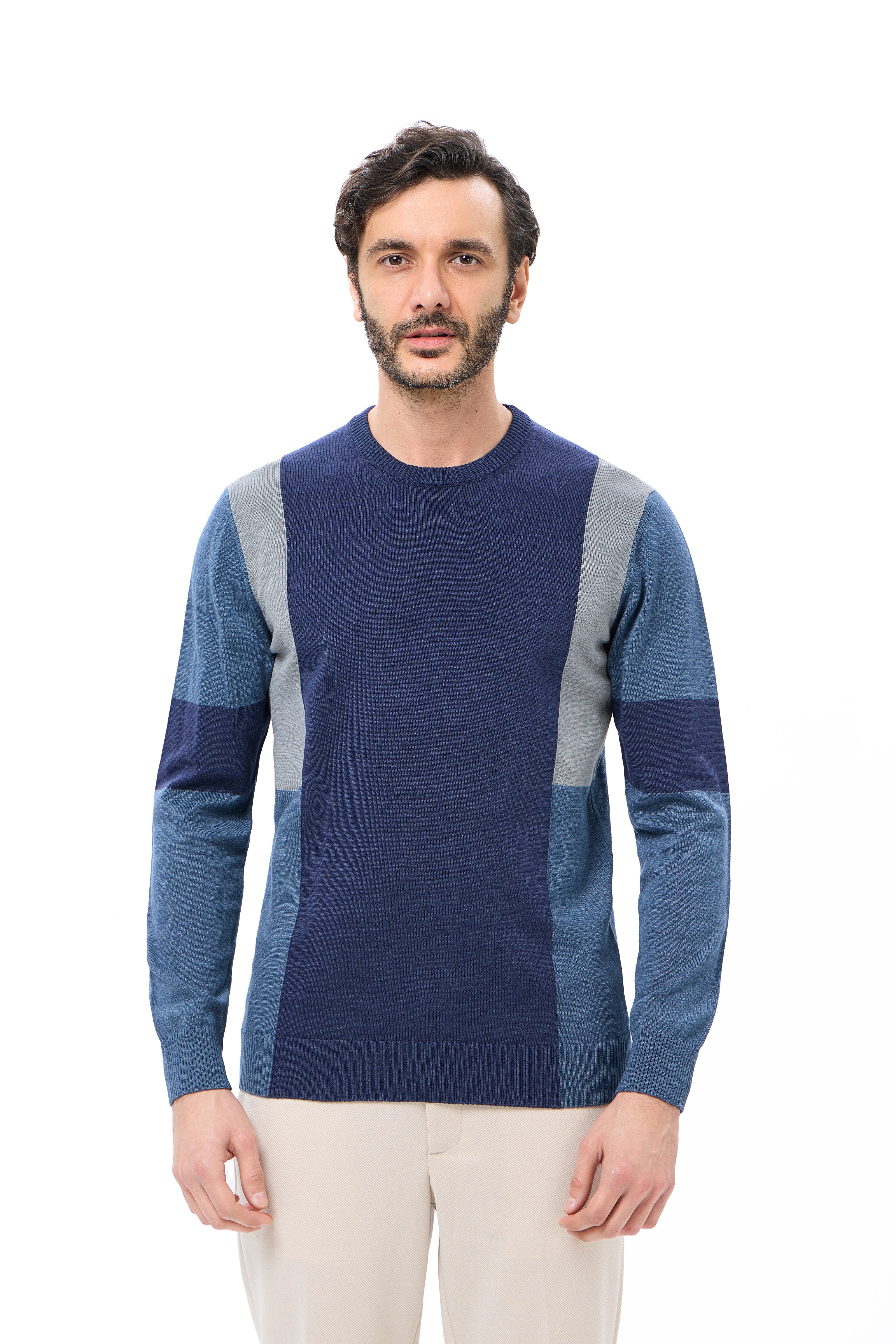 Navy Multi Paneled Crew Neck Sweater