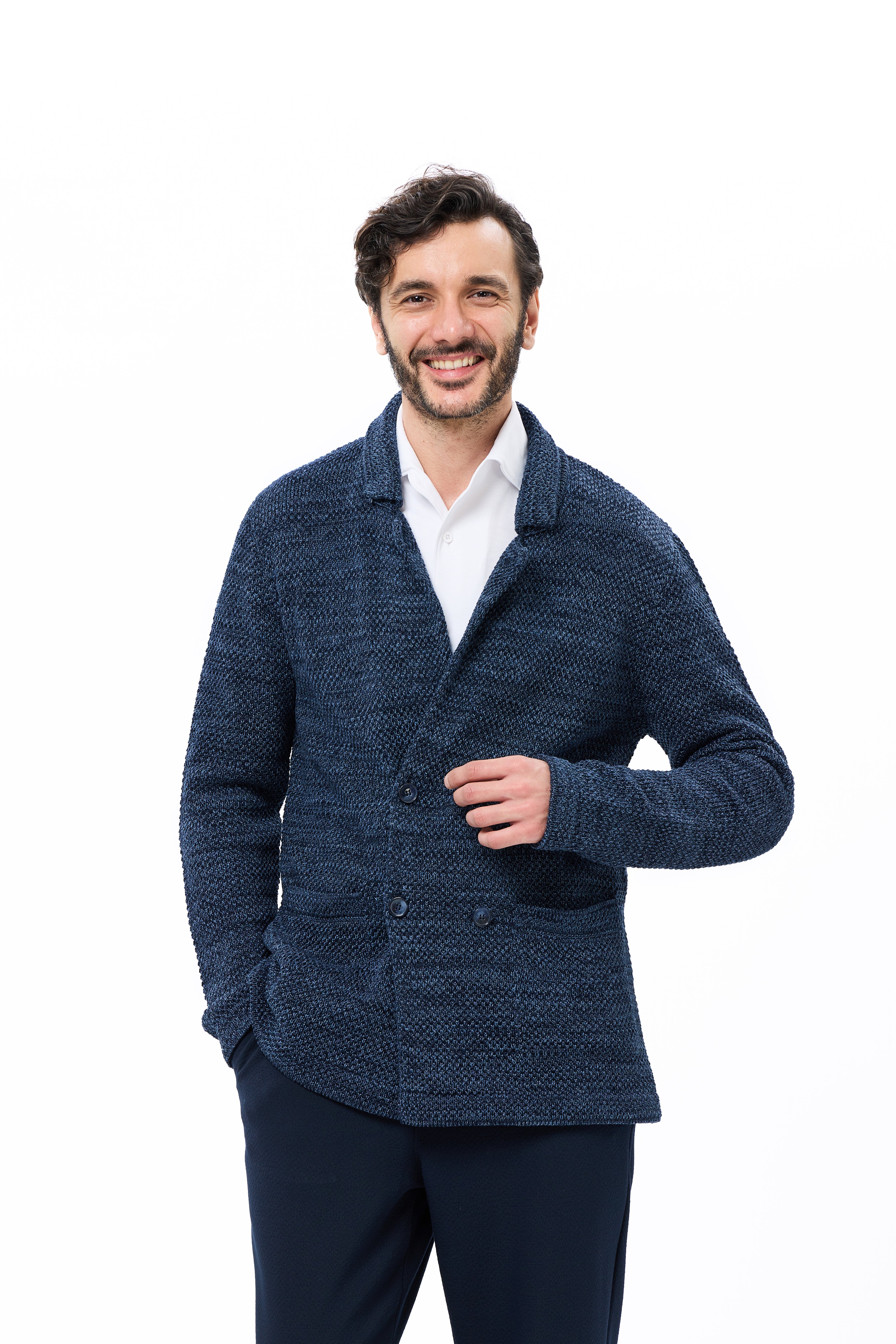 Navy Double Breasted Braided Knit Sweater