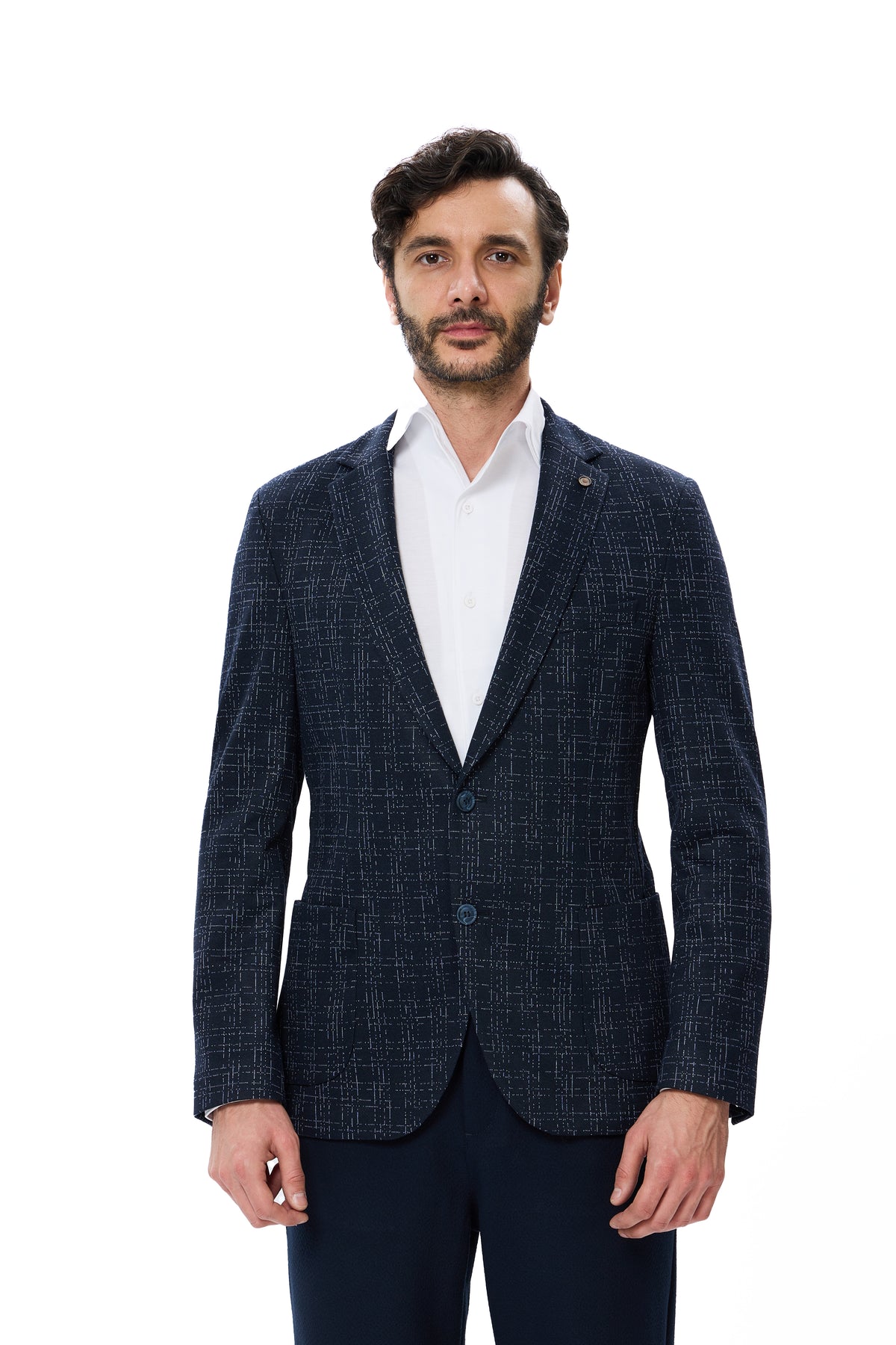 Navy Cashmere-Touch Knit Check Blazer
