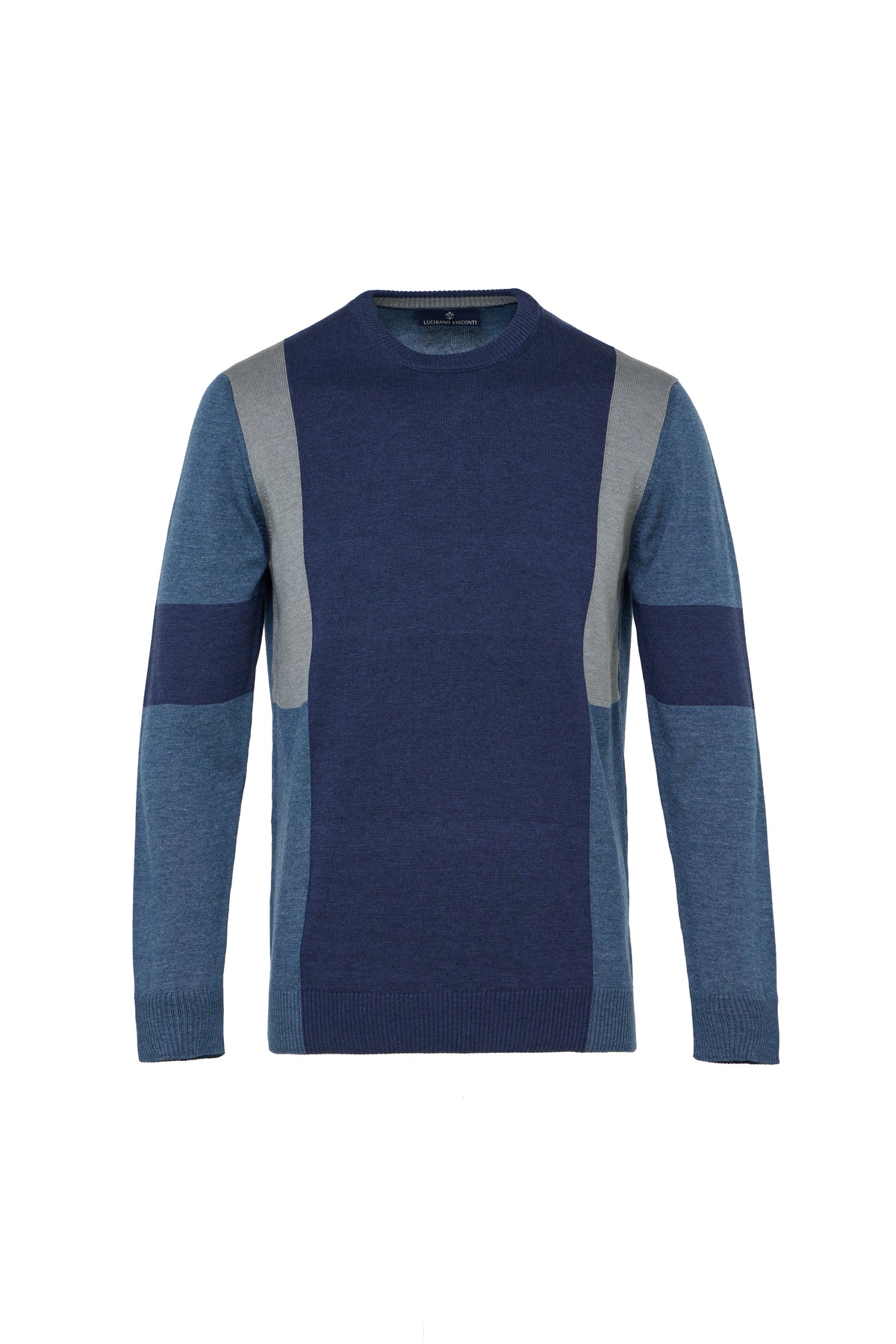 Navy Multi Paneled Crew Neck Sweater