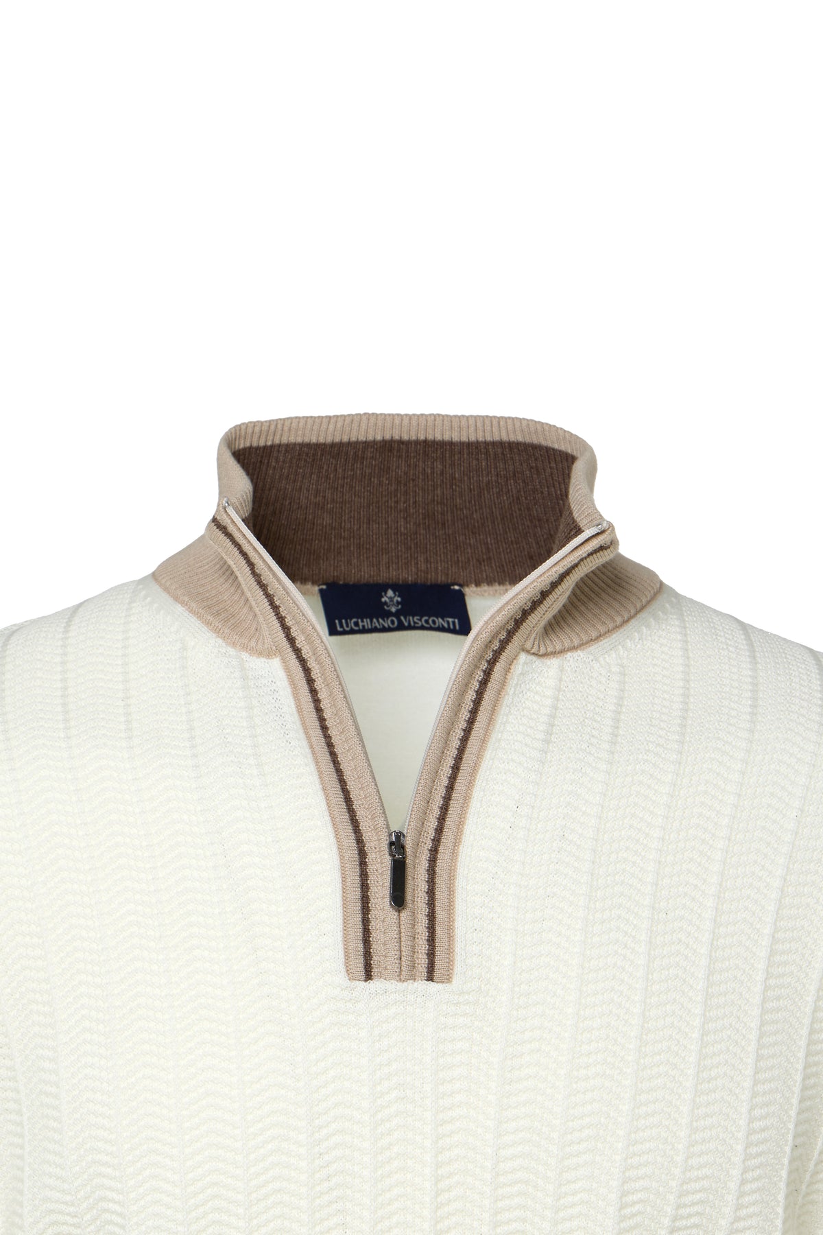 Ecru Quarter Zip Chevron Sweater