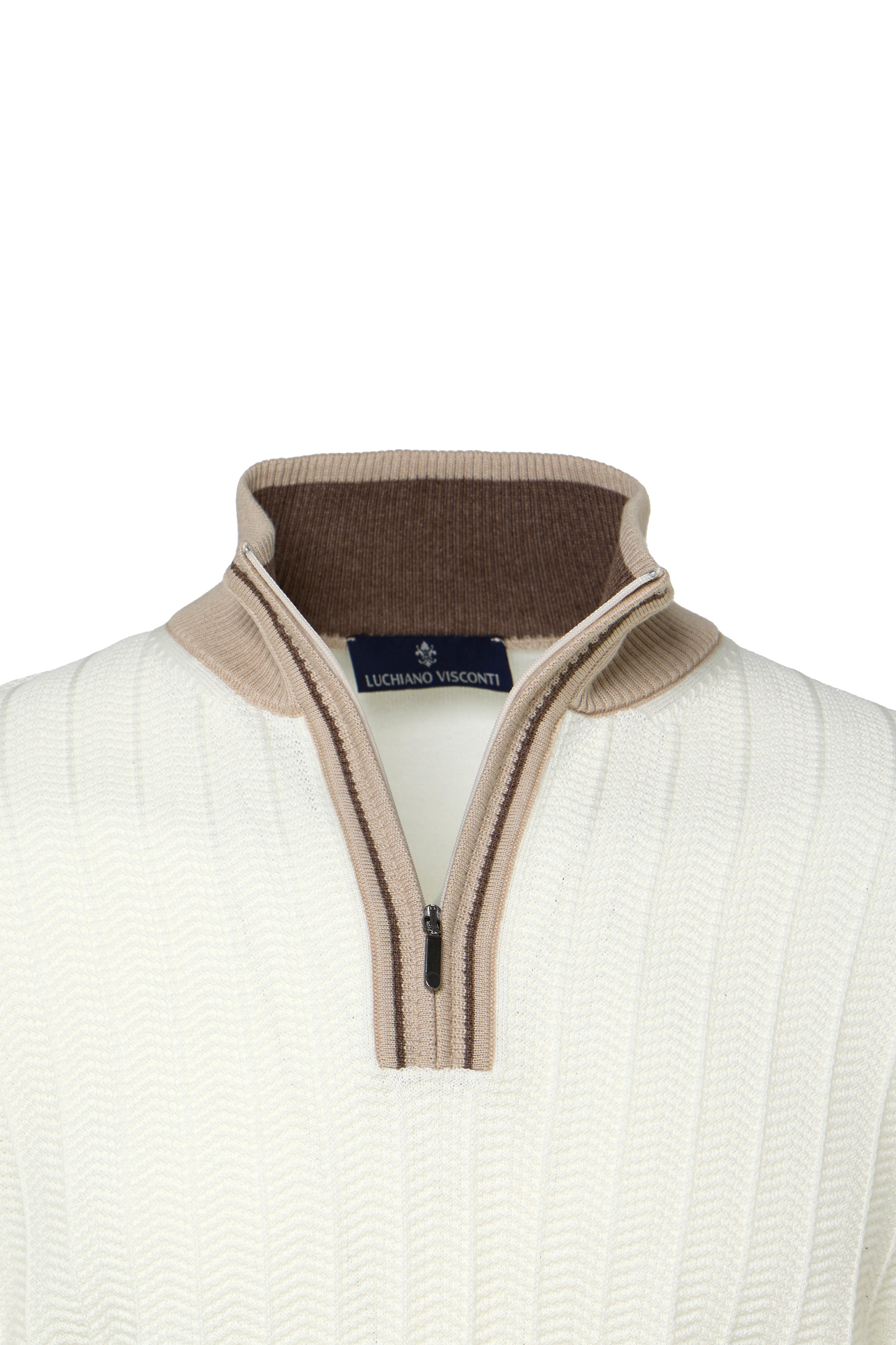 Ecru Quarter Zip Chevron Sweater