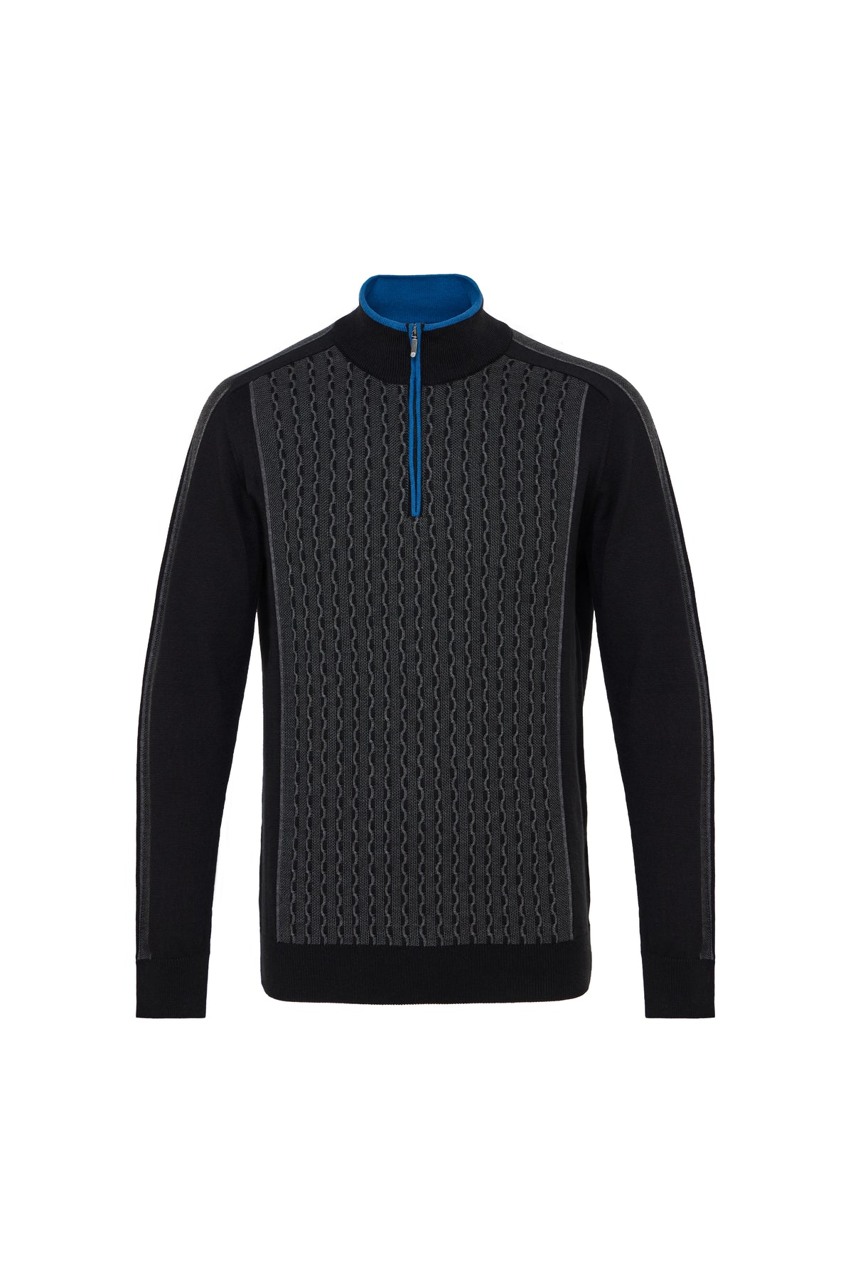 Black Quarter Zip Paneled Wave Jacquard Sweater