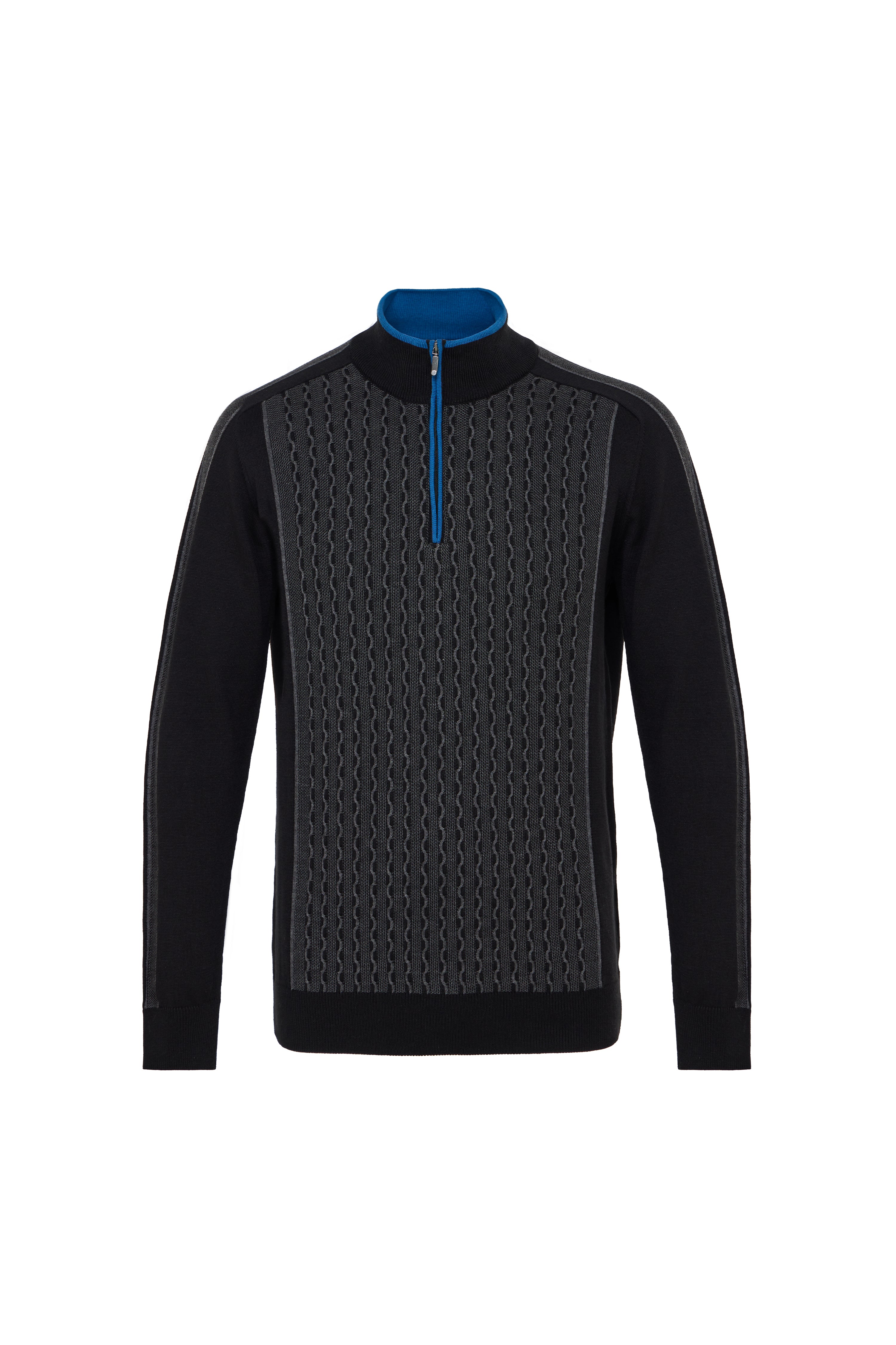Black Quarter Zip Paneled Wave Jacquard Sweater