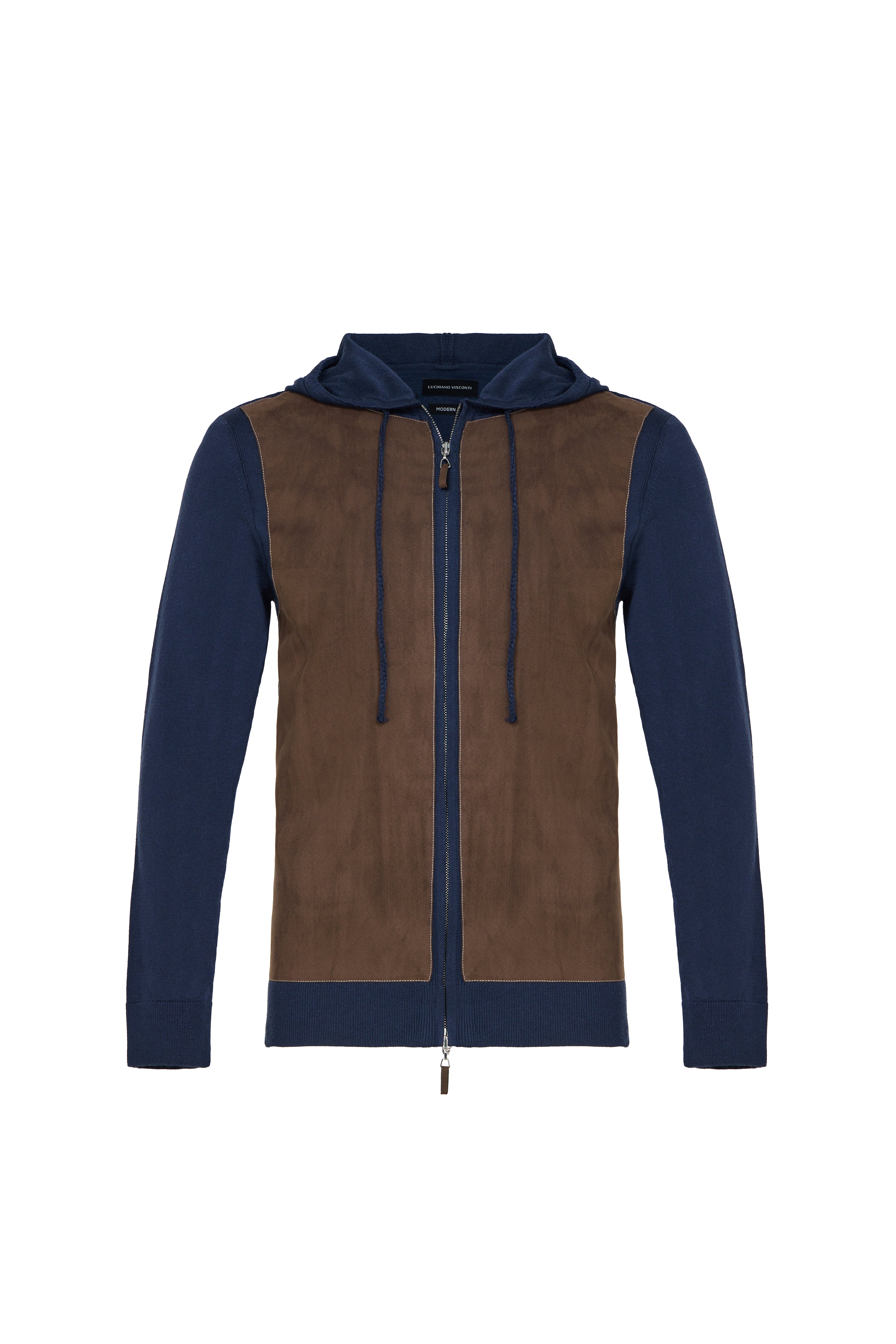 Faux Suede Stretch Hoodie Jacket in Chocolate Brown