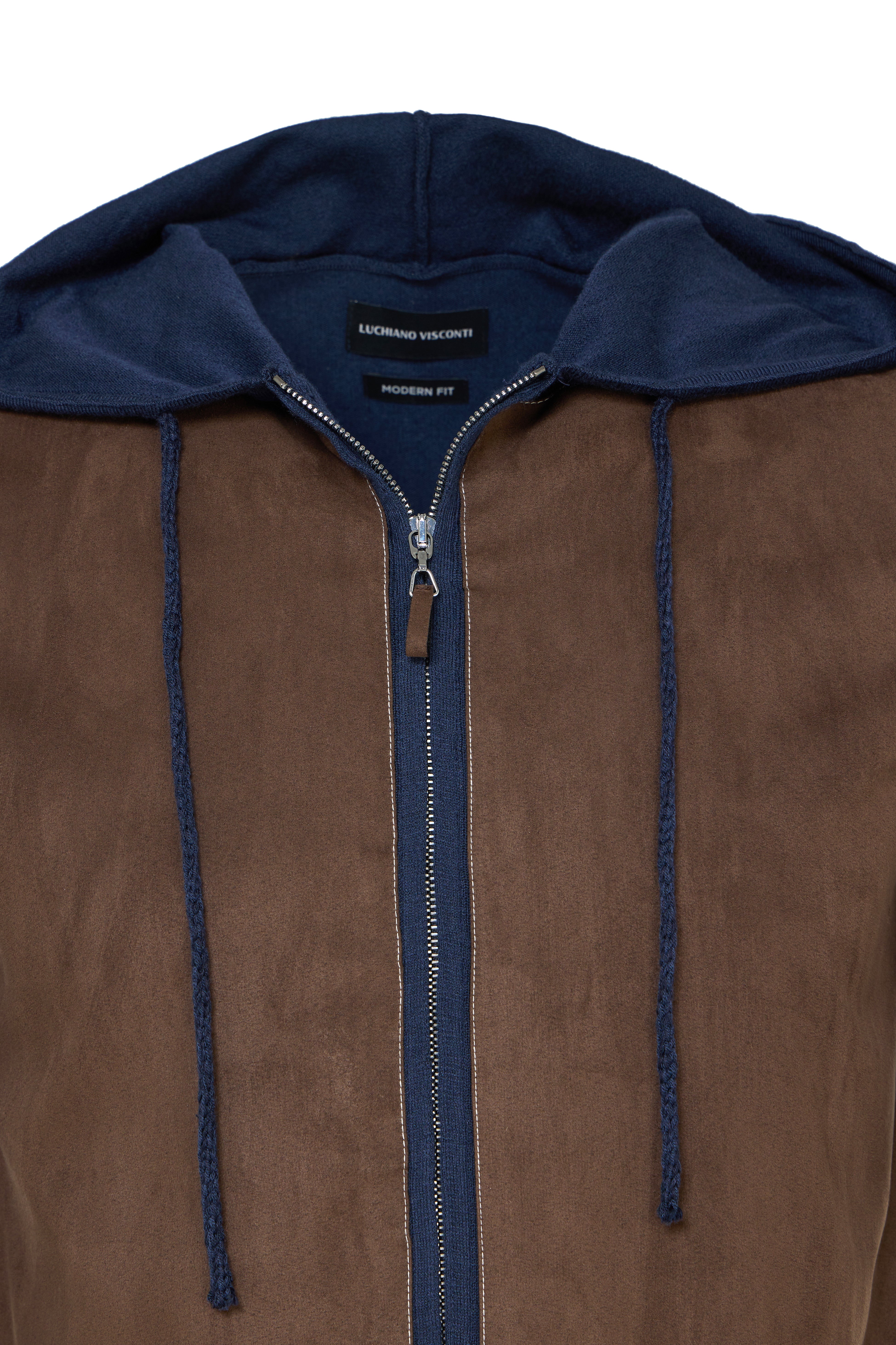 Faux Suede Stretch Hoodie Jacket in Chocolate Brown