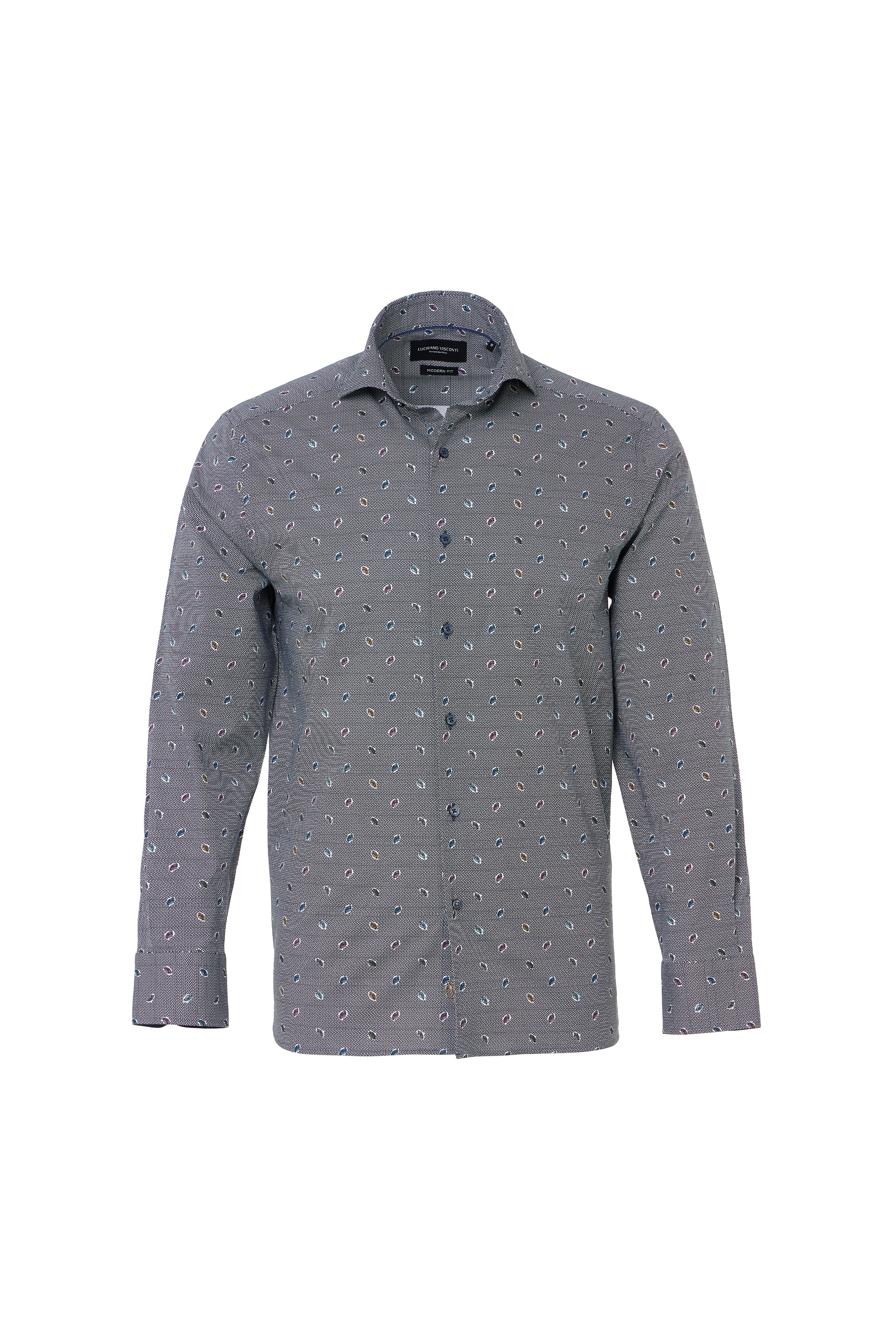 Blue Geo Print Button Down Shirt with Multicolor Leaves