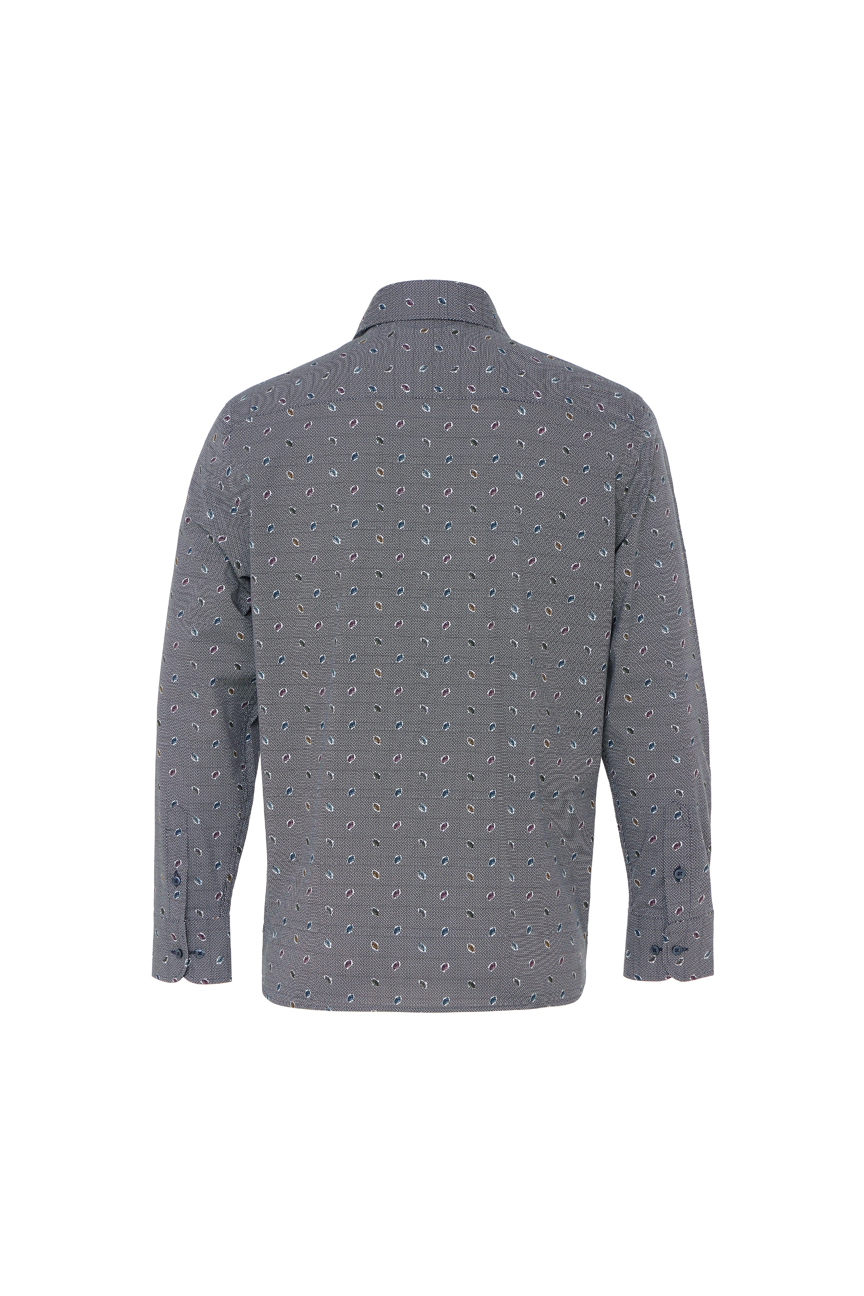 Blue Geo Print Button Down Shirt with Multicolor Leaves