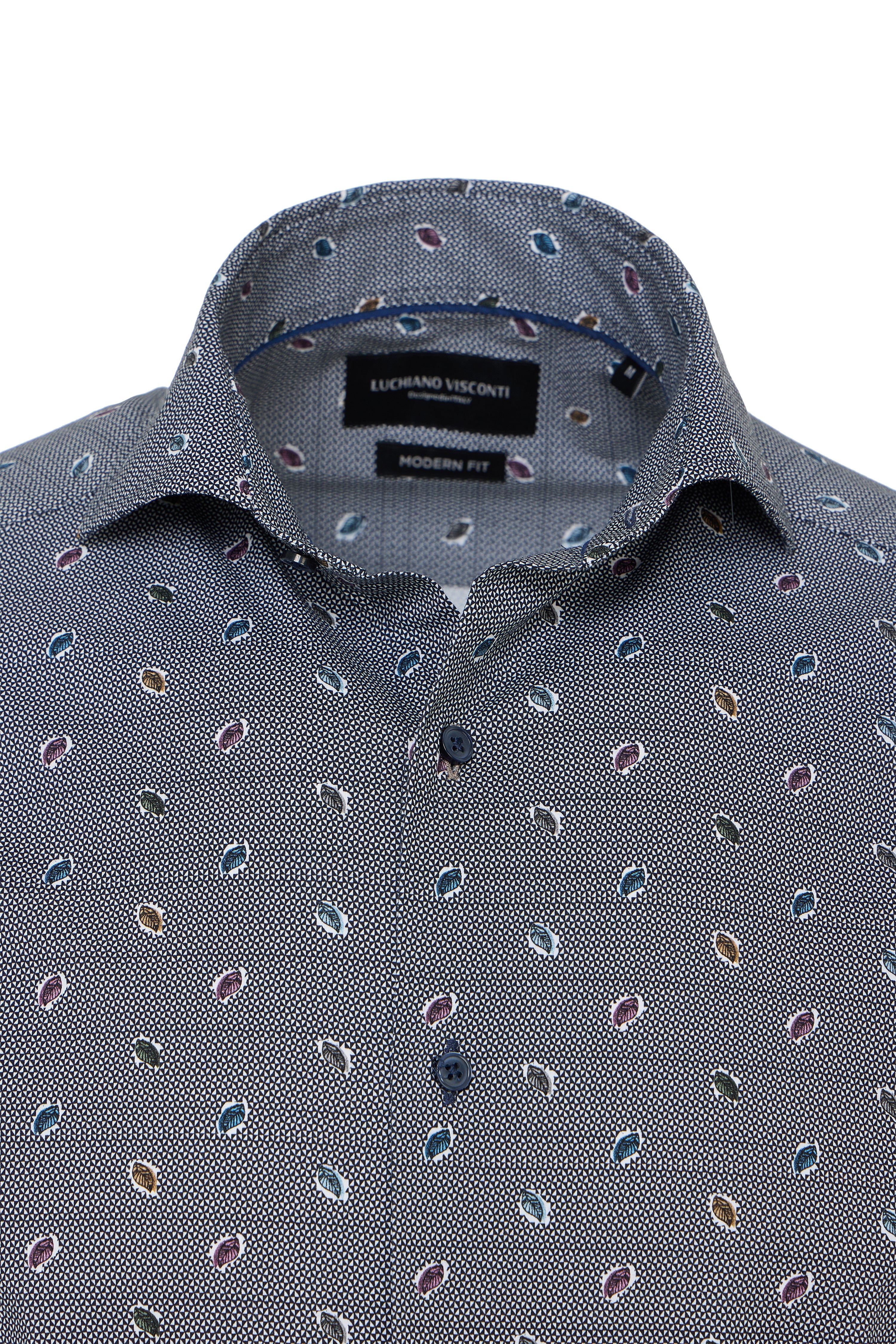 Blue Geo Print Button Down Shirt with Multicolor Leaves