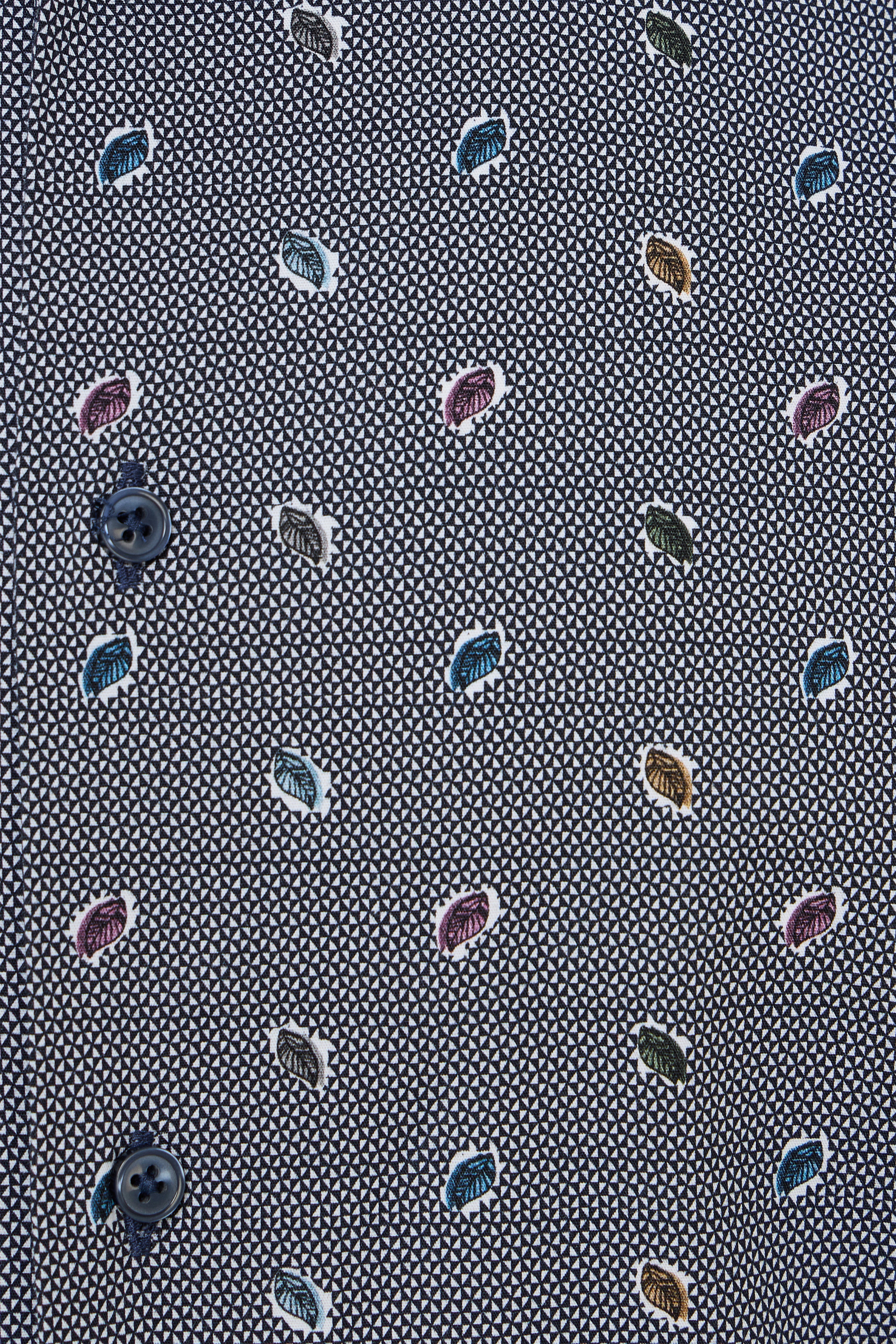 Blue Geo Print Button Down Shirt with Multicolor Leaves