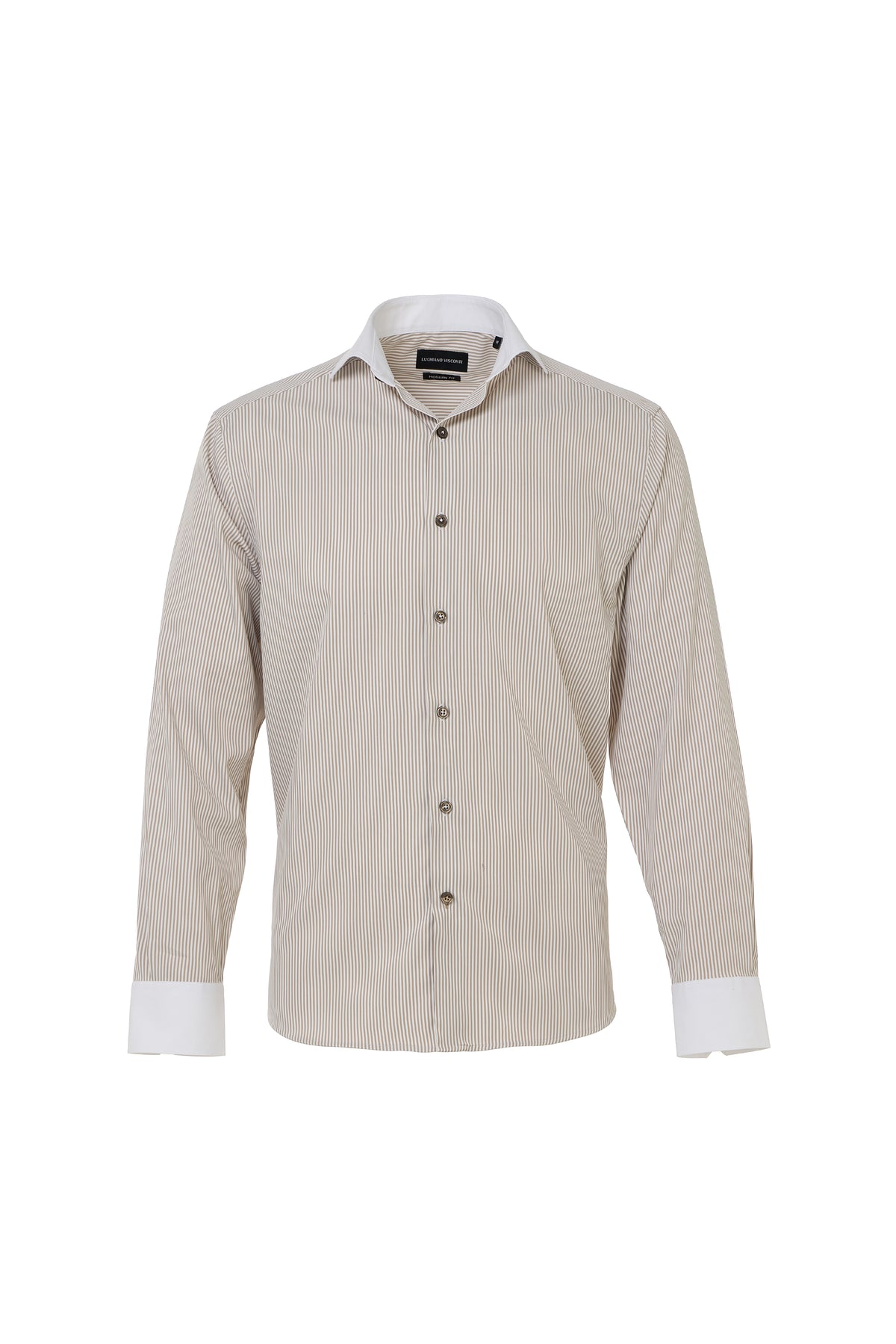 Taupe & White Awning Stripe Button Down Shirt