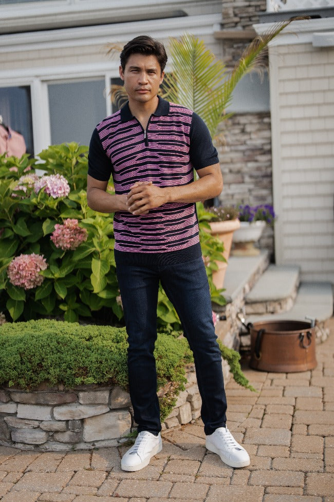 Navy with Dark Pink Zip Design Short Sleeve Knit Polo
