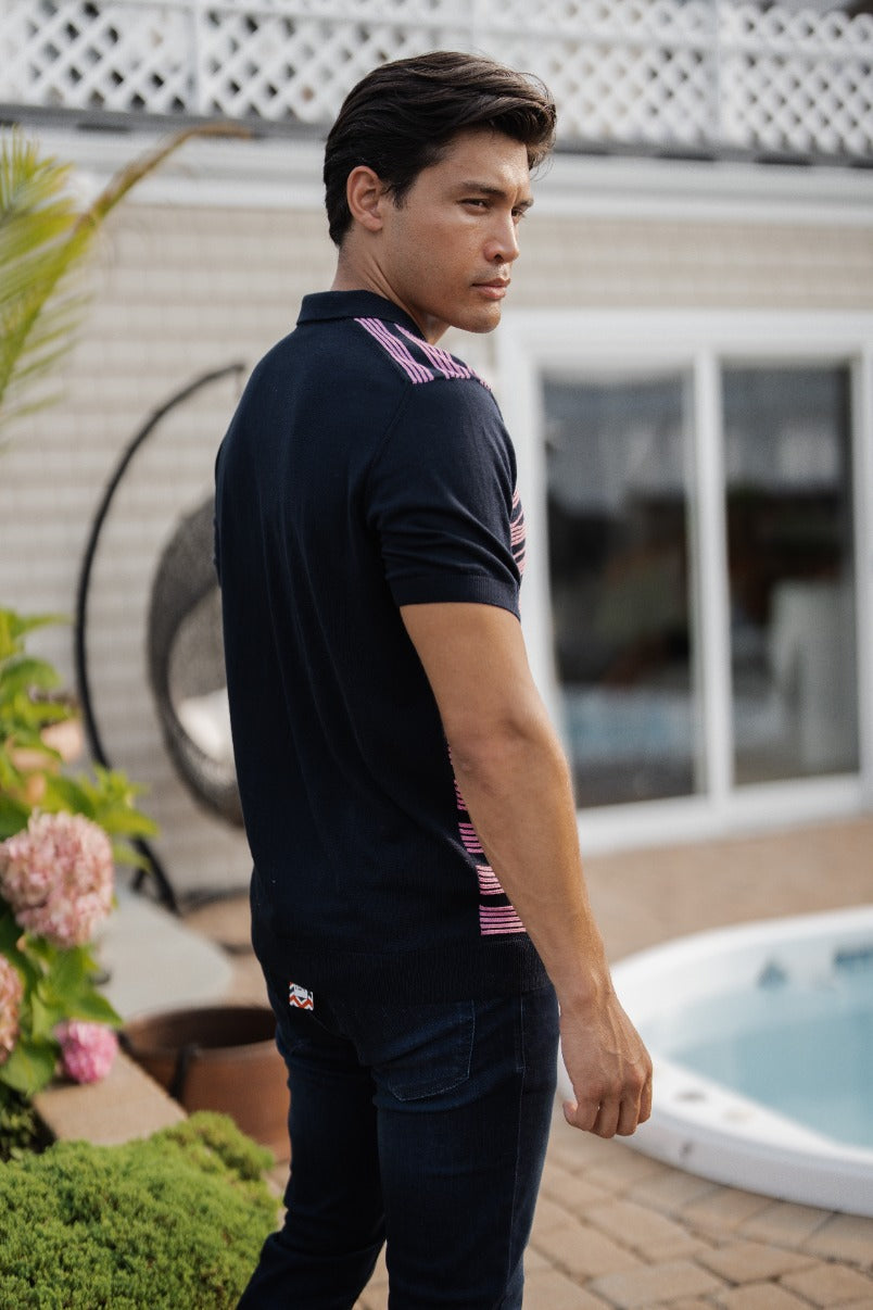 Navy with Dark Pink Zip Design Short Sleeve Knit Polo