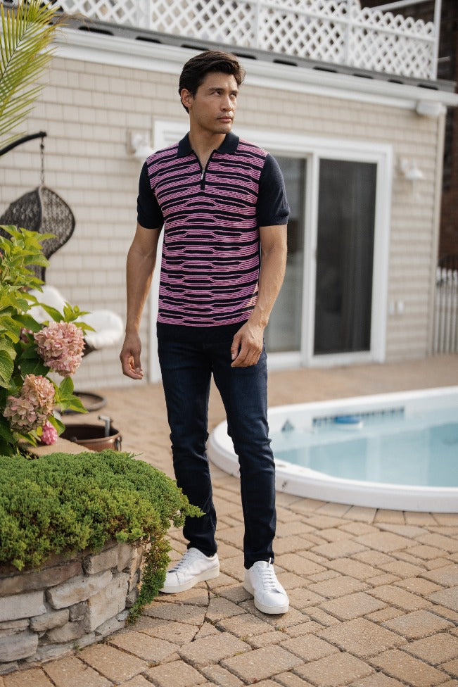 Navy with Dark Pink Zip Design Short Sleeve Knit Polo