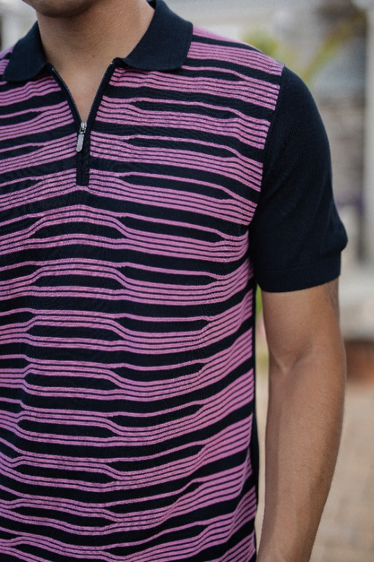 Navy with Dark Pink Zip Design Short Sleeve Knit Polo