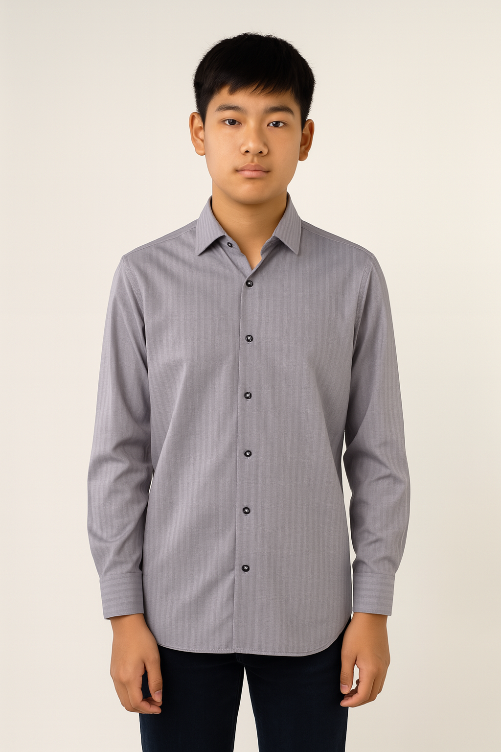 Navy and White Self Stripe Jacquard Boys Shirt