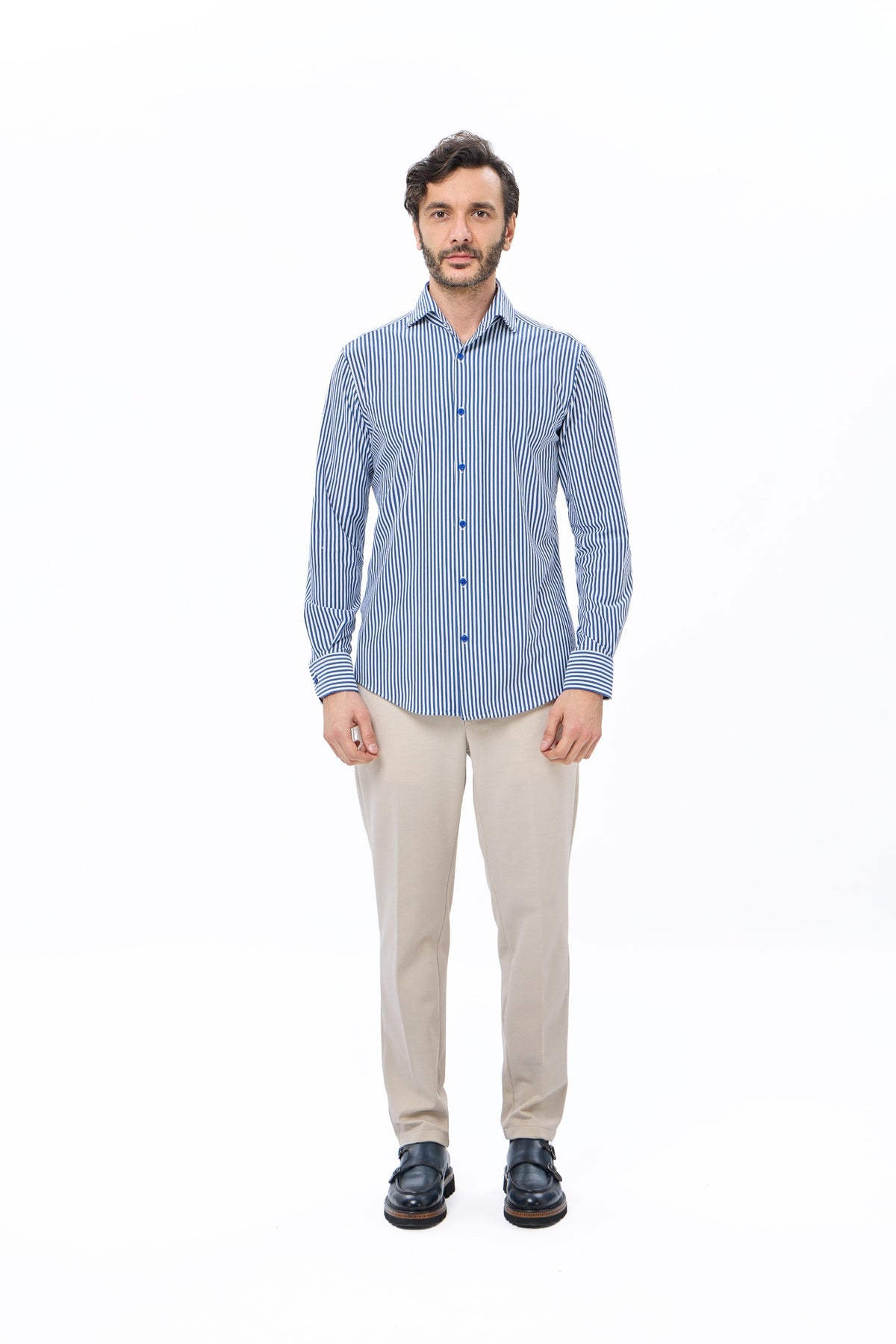 Navy Stripe One-Piece Collar Performance Stretch Shirt