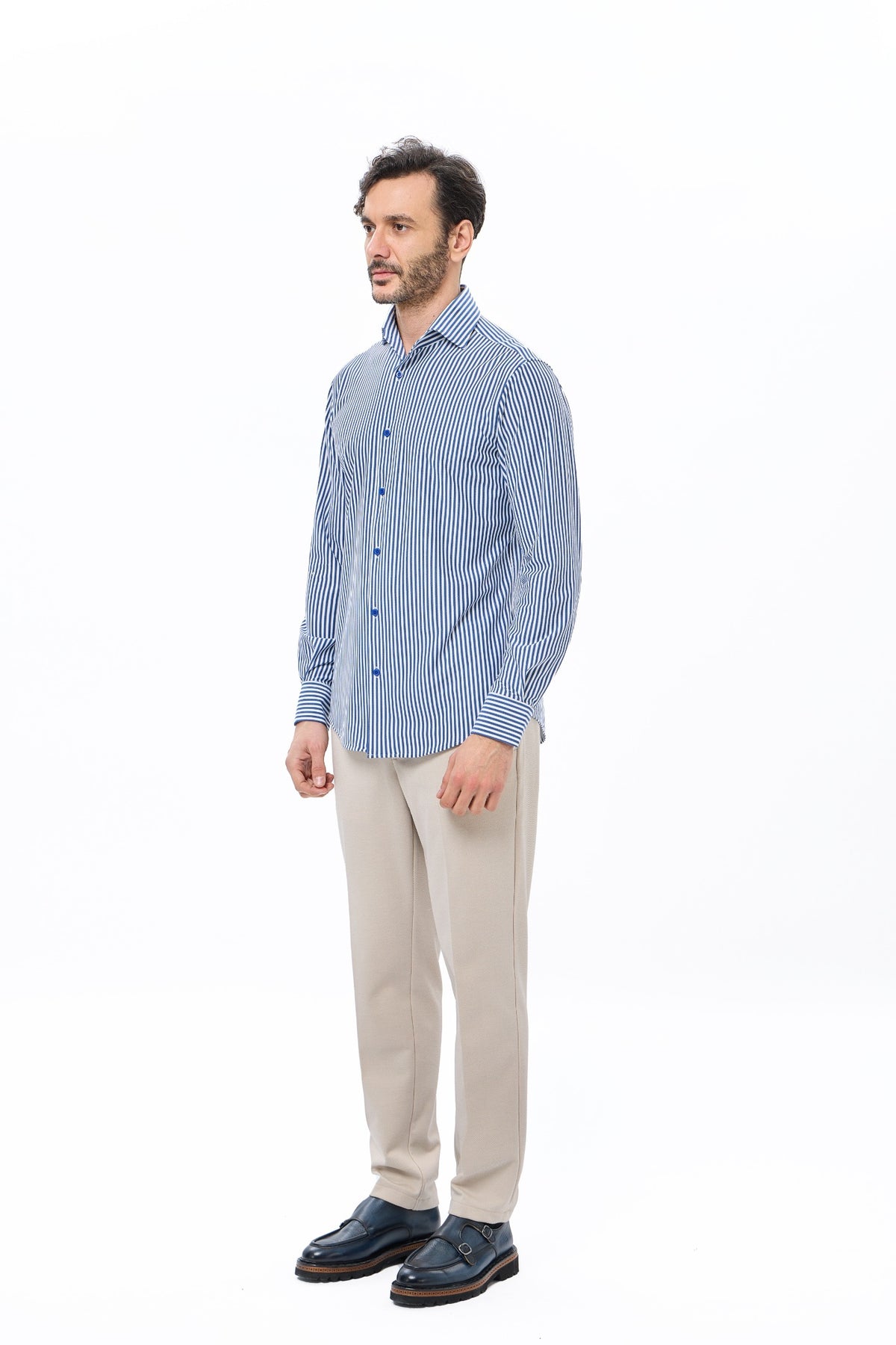 Navy Stripe One-Piece Collar Performance Stretch Shirt
