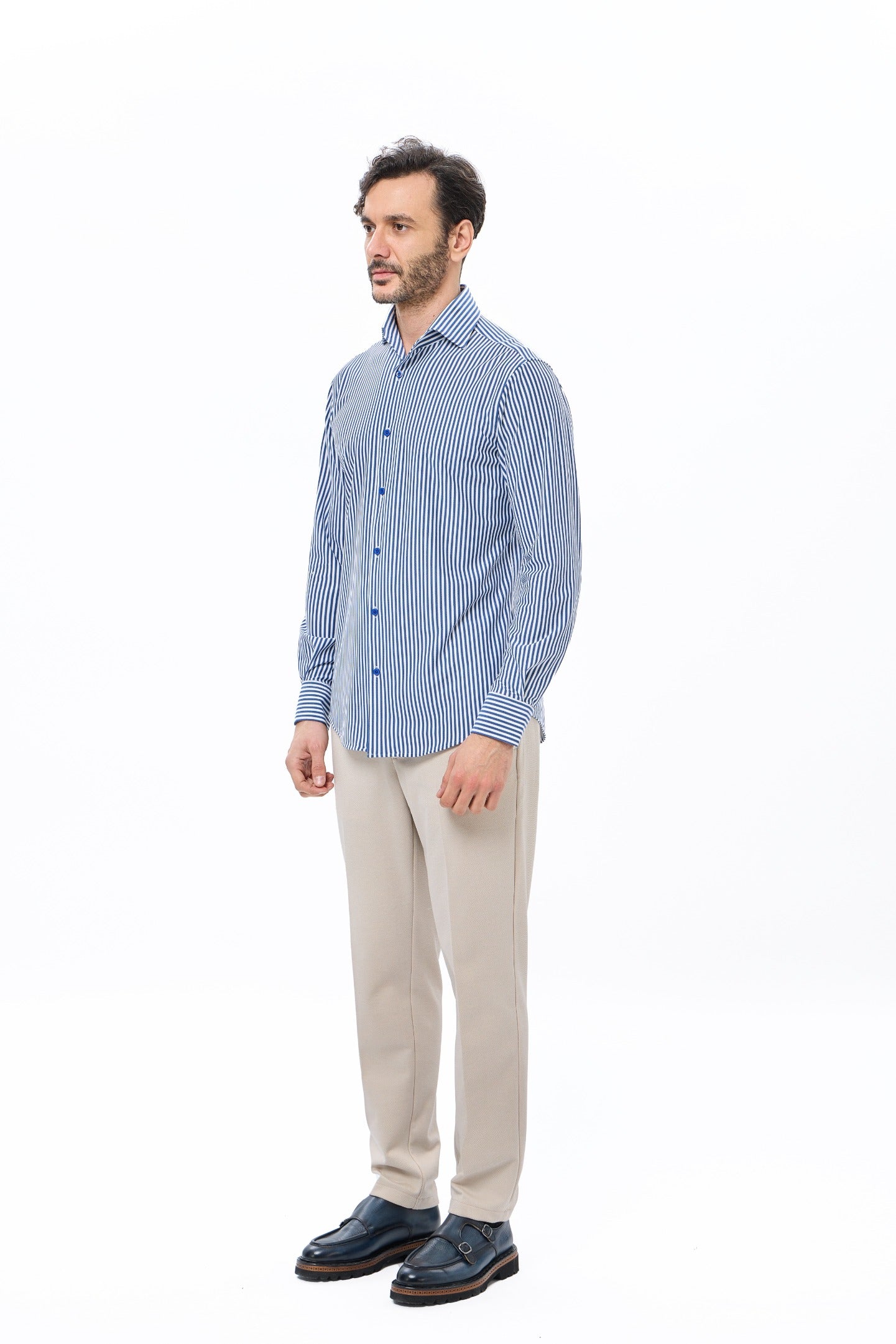 Navy Stripe One-Piece Collar Performance Stretch Shirt