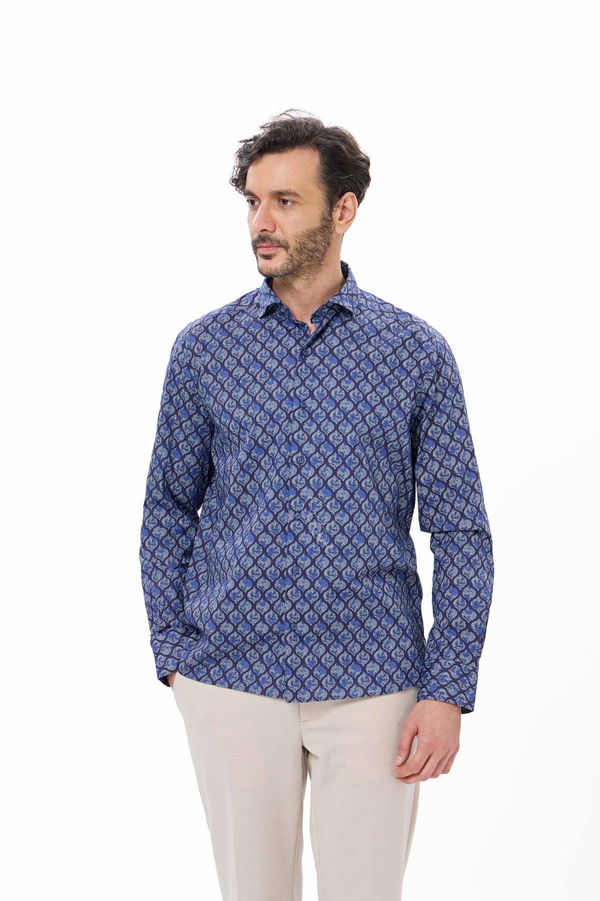 Indigo Leaf Herringbone Print Shirt
