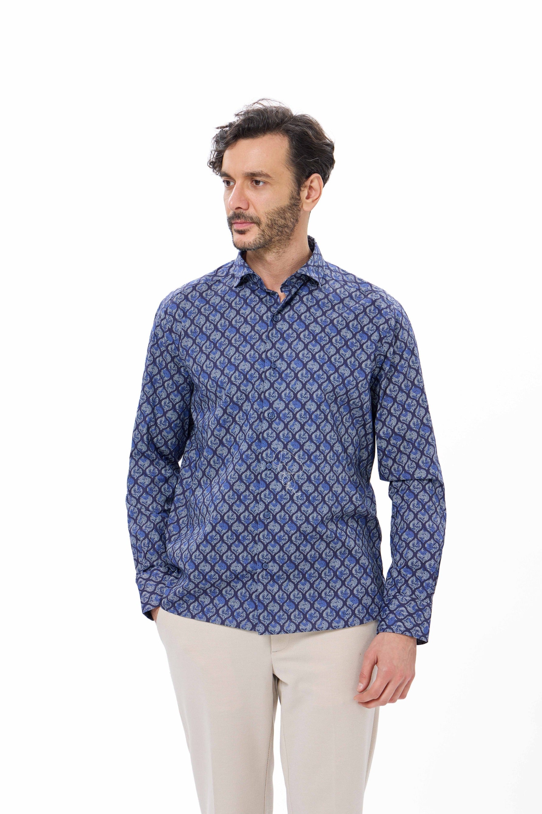 Indigo Leaf Herringbone Print Shirt