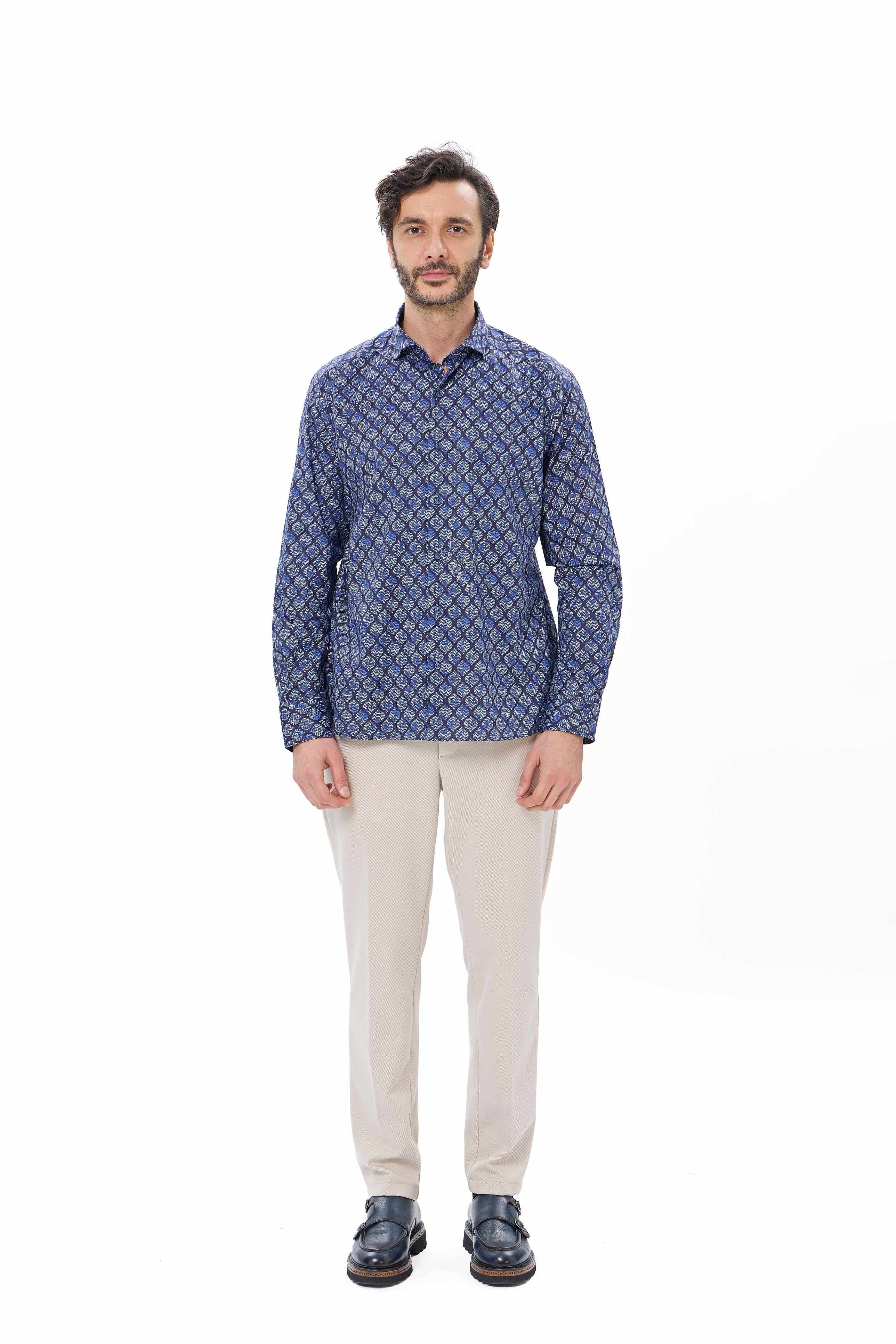 Indigo Leaf Herringbone Print Shirt