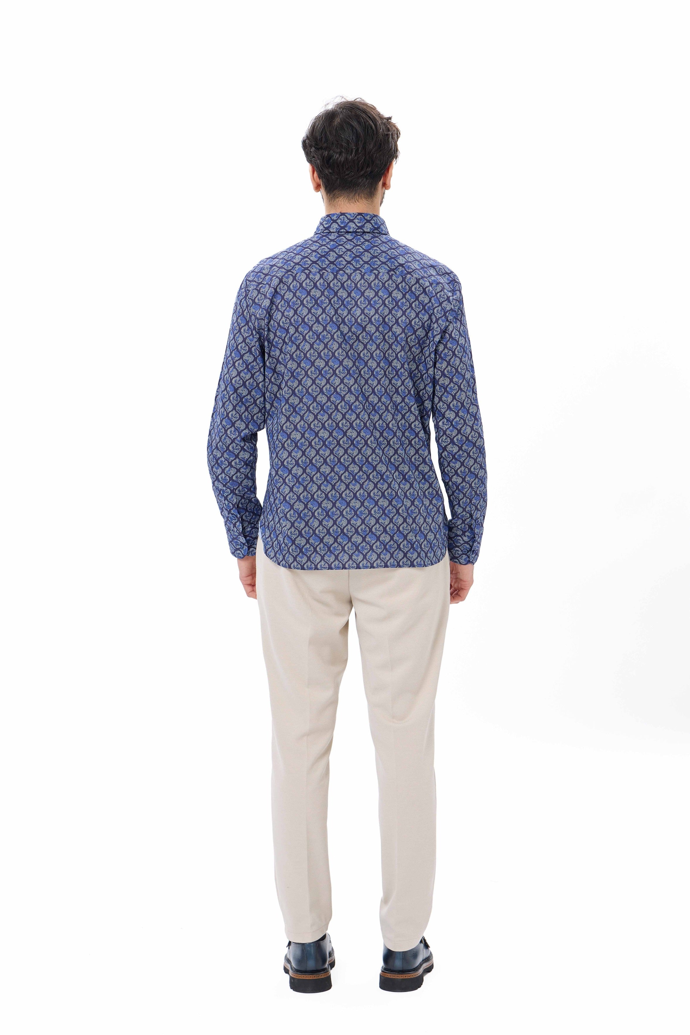 Indigo Leaf Herringbone Print Shirt