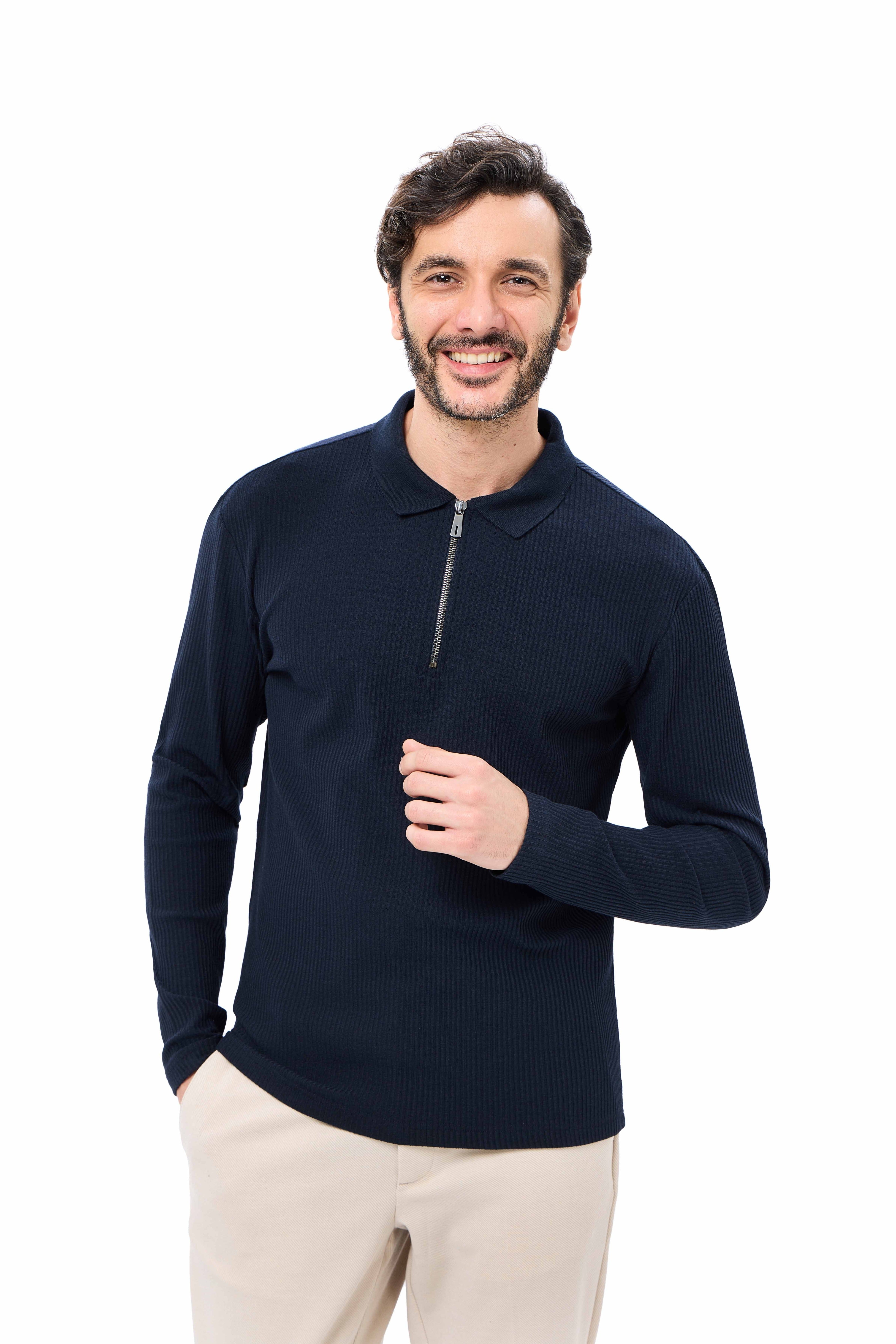 Navy Quarter Zip Accordion Polo Shirt