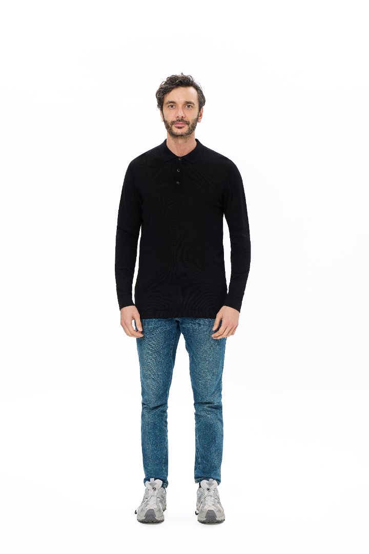 Black 3-Button Tencel Long Sleeve Polo