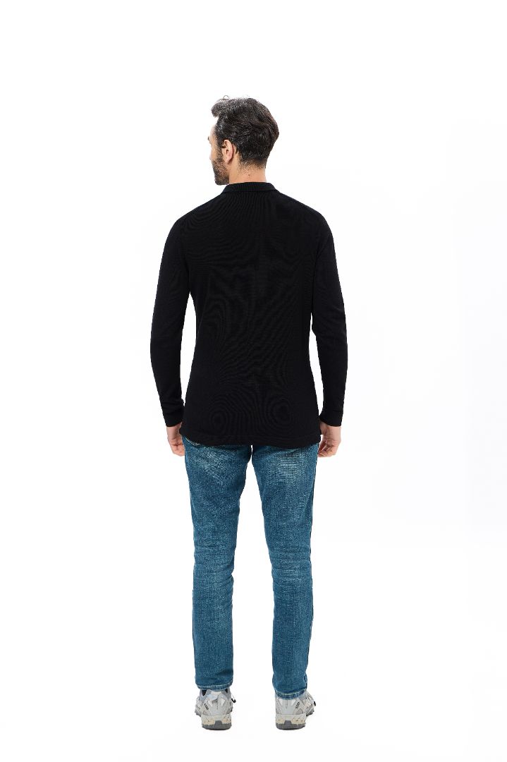 Black 3-Button Tencel Long Sleeve Polo