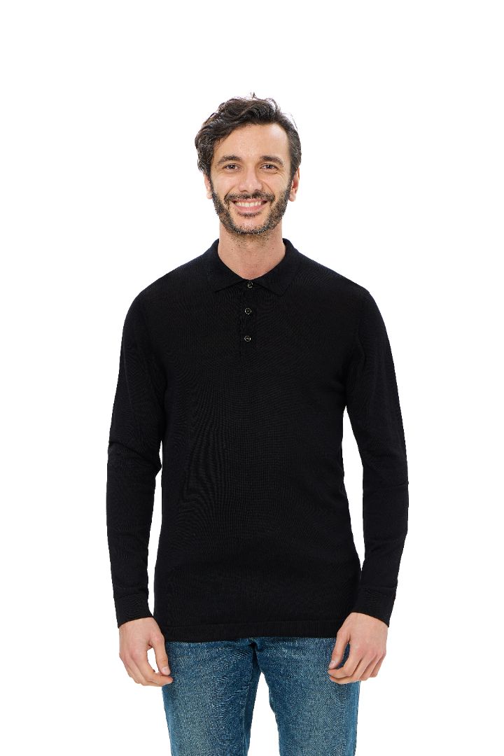 Black 3-Button Tencel Long Sleeve Polo