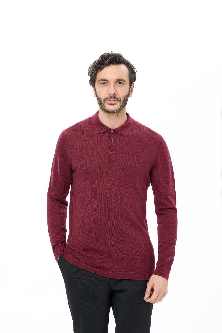 Man wearing a burgundy long-sleeve polo shirt on a white background
