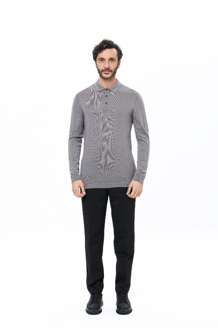 Dark Grey 3-Button Tencel Long Sleeve Polo