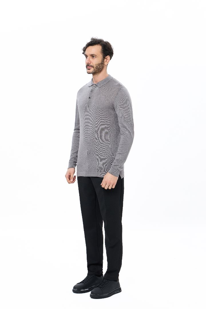 Dark Grey 3-Button Tencel Long Sleeve Polo