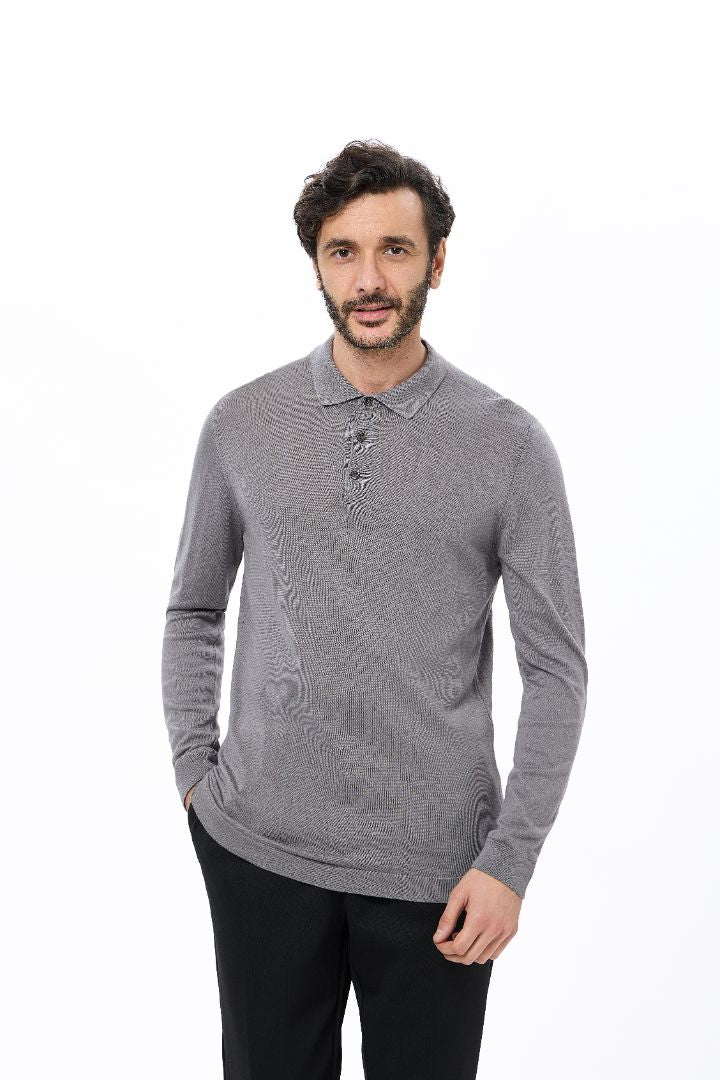 Dark Grey 3-Button Tencel Long Sleeve Polo