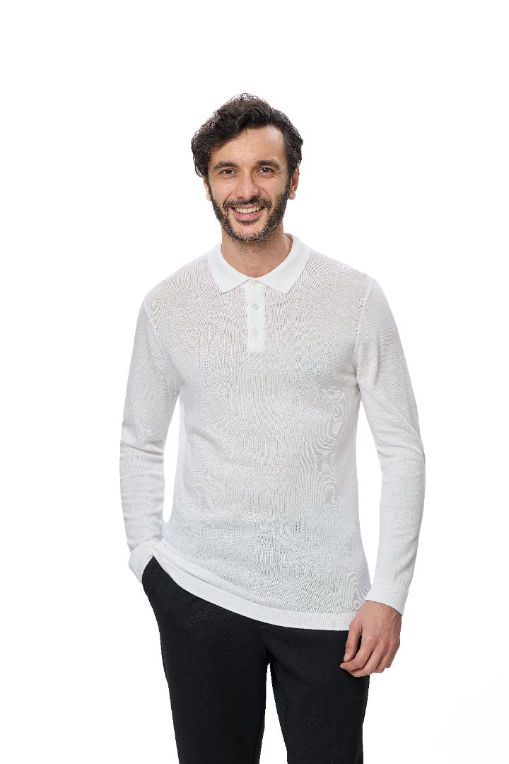 Ecru 3-Button Tencel Long Sleeve Polo