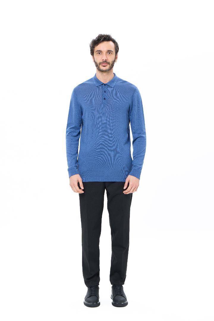 Indigo 3-Button Tencel Long Sleeve Polo