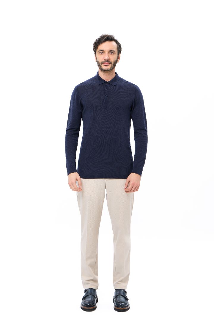 Navy 3-Button Tencel Long Sleeve Polo