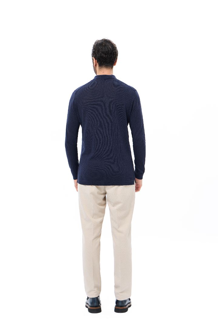 Navy 3-Button Tencel Long Sleeve Polo
